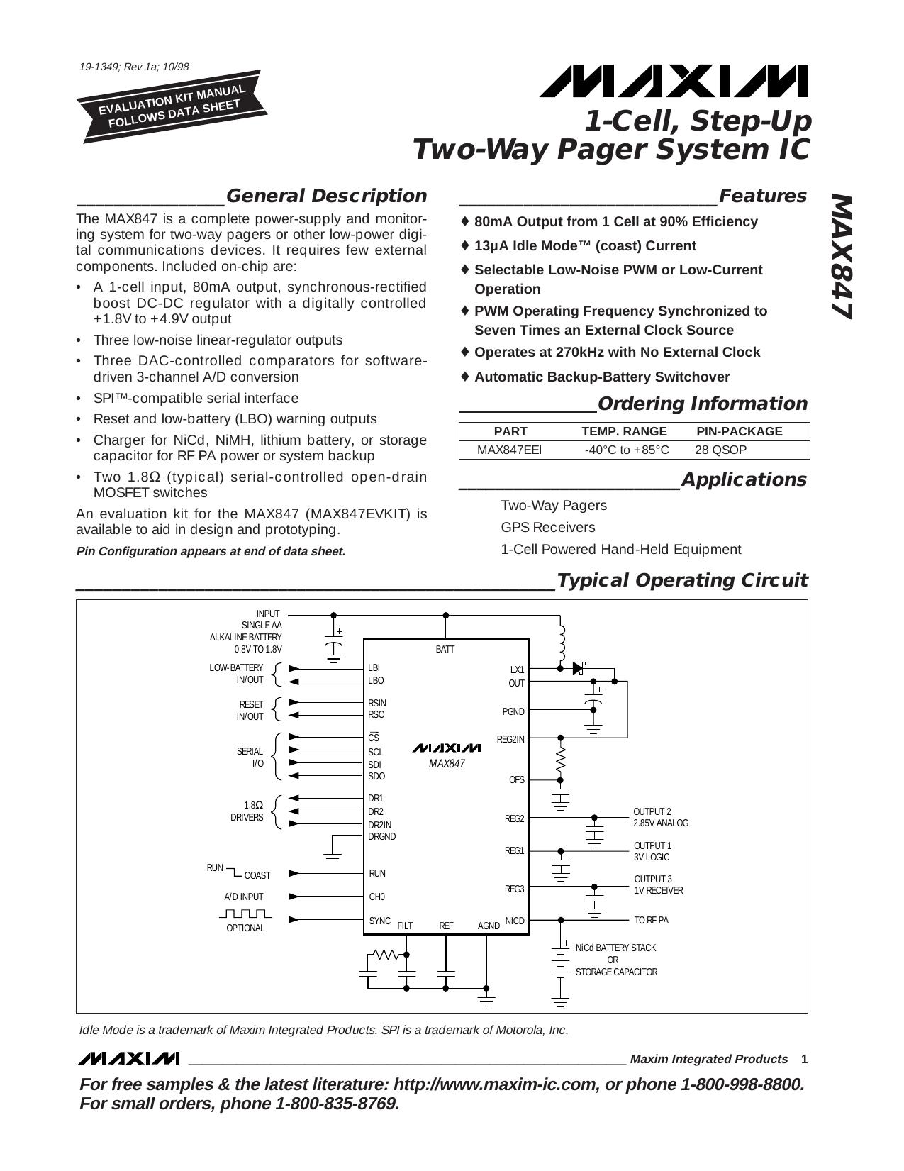 MAX847 Full Data Sheet (PDF) by Maxim