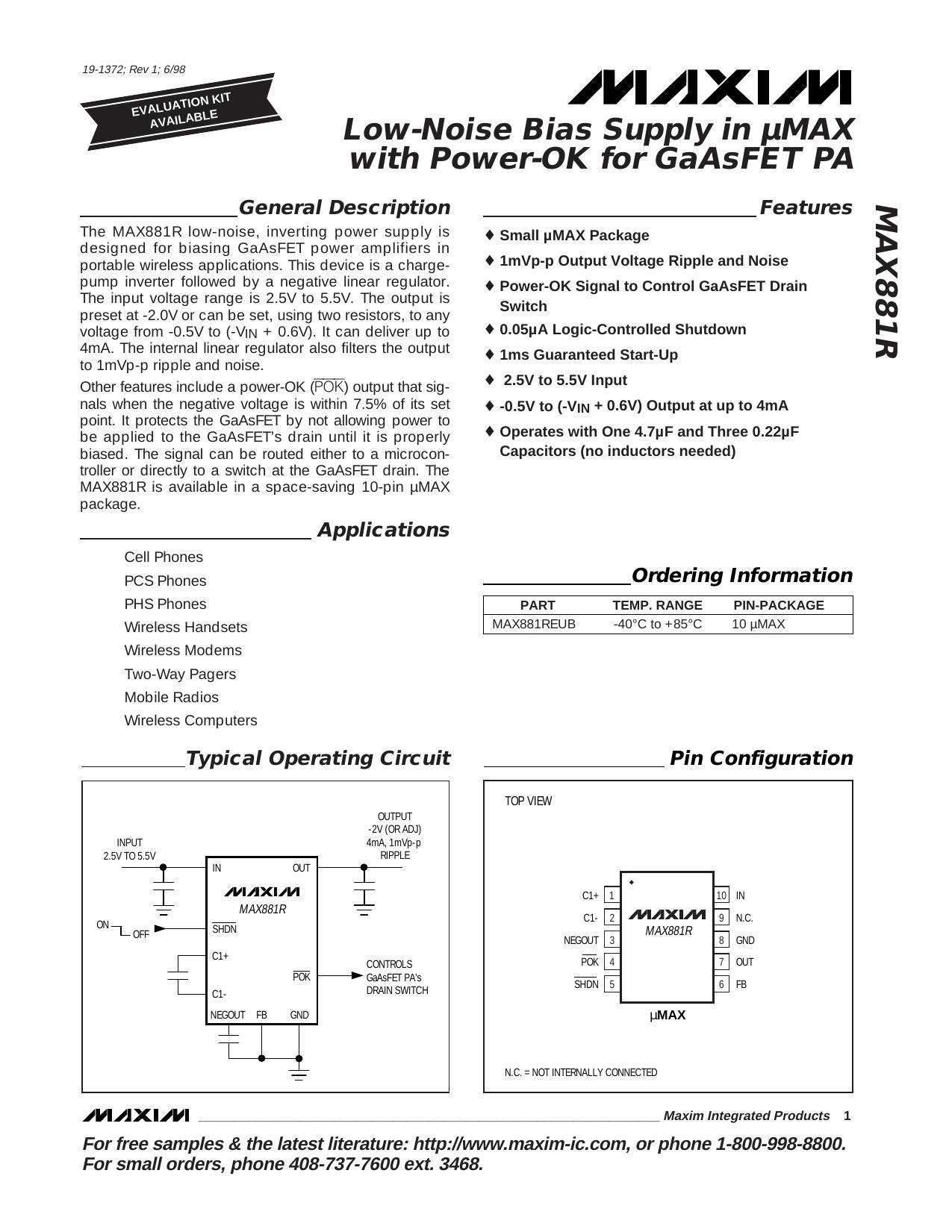 MAX881R Full Data Sheet (PDF) by Maxim