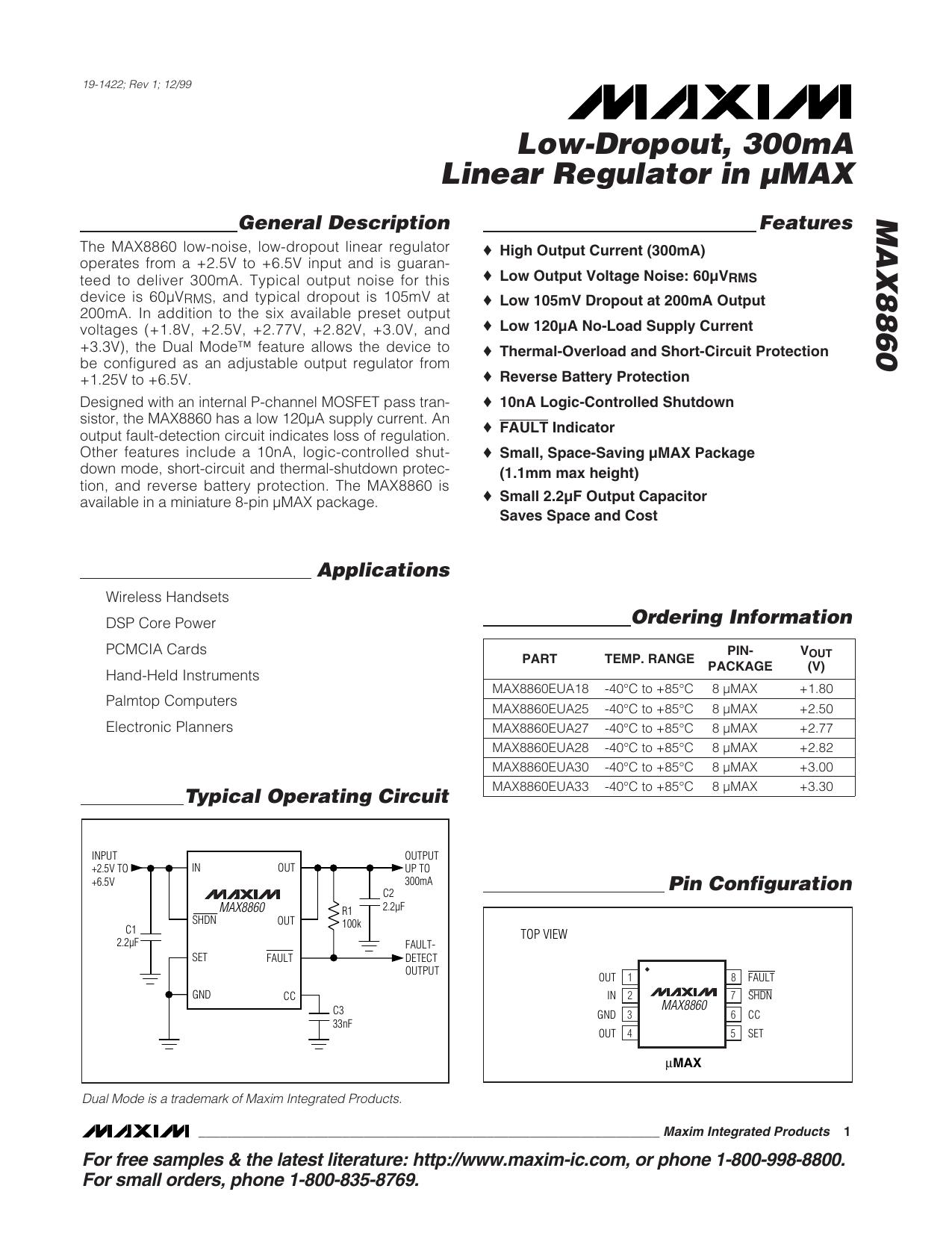 MAX8860 Full Data Sheet (PDF) by Maxim