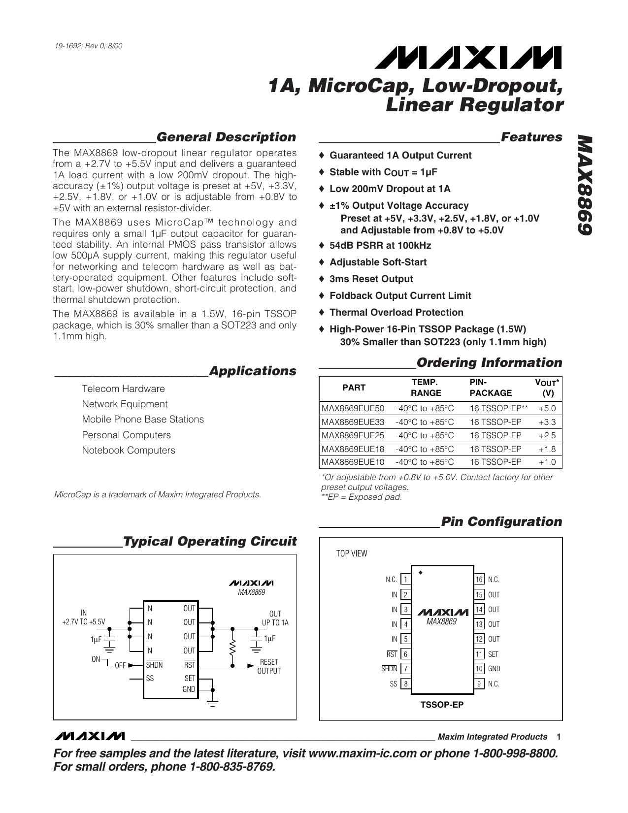 MAX8869 Full Data Sheet (PDF) by Maxim