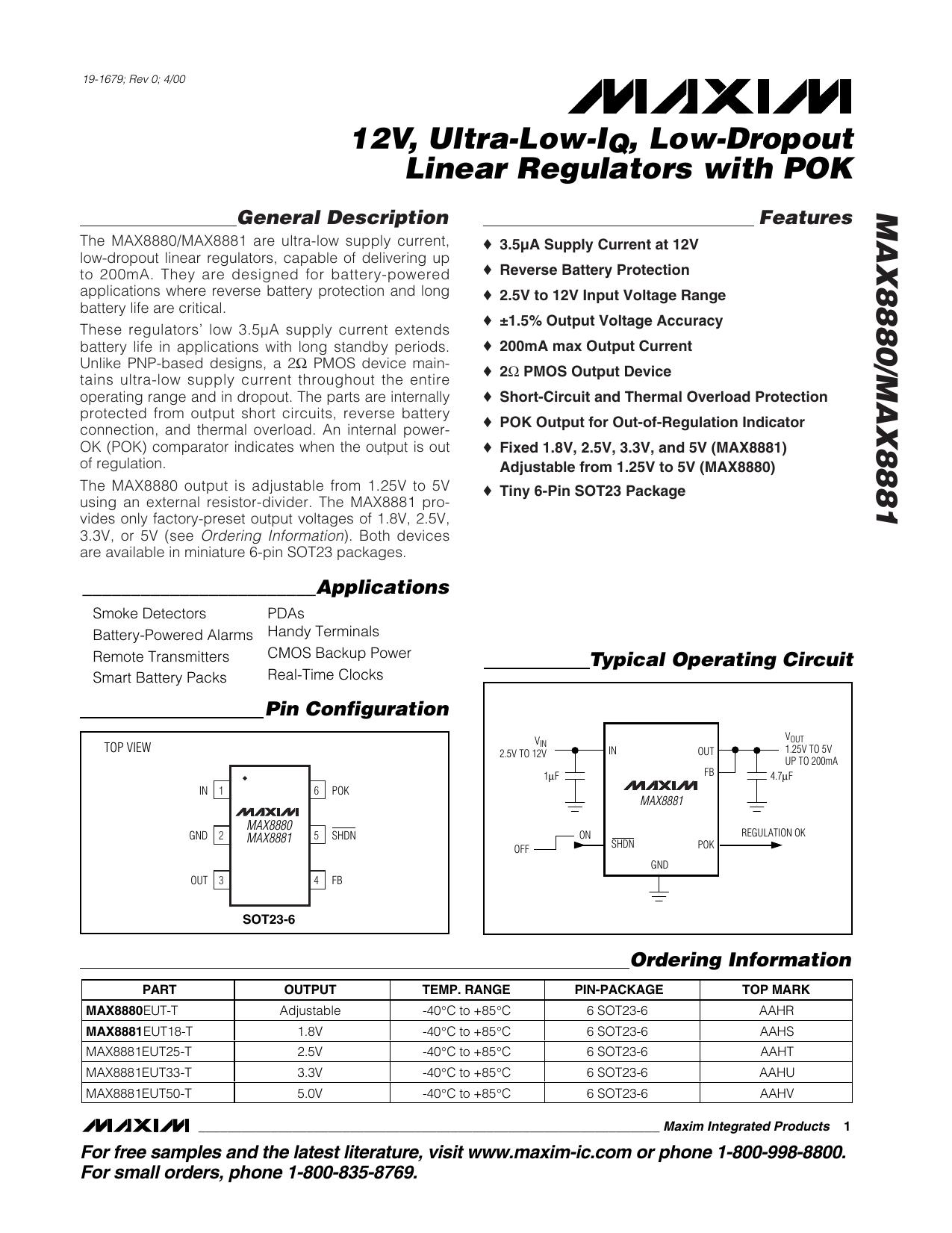 MAX8880 Full Data Sheet (PDF) by Maxim