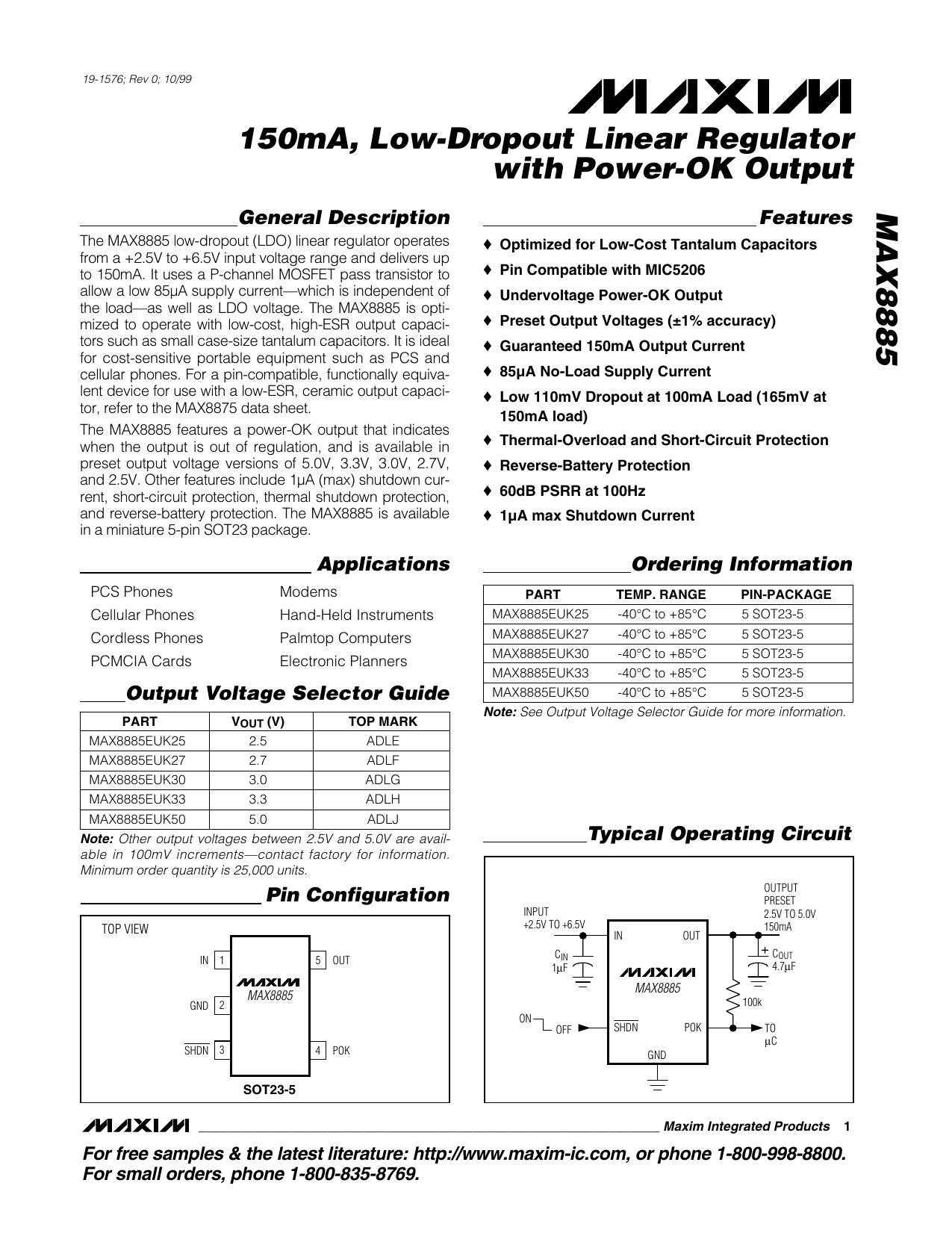 MAX8885Full Data Sheet (PDF) by Maxim
