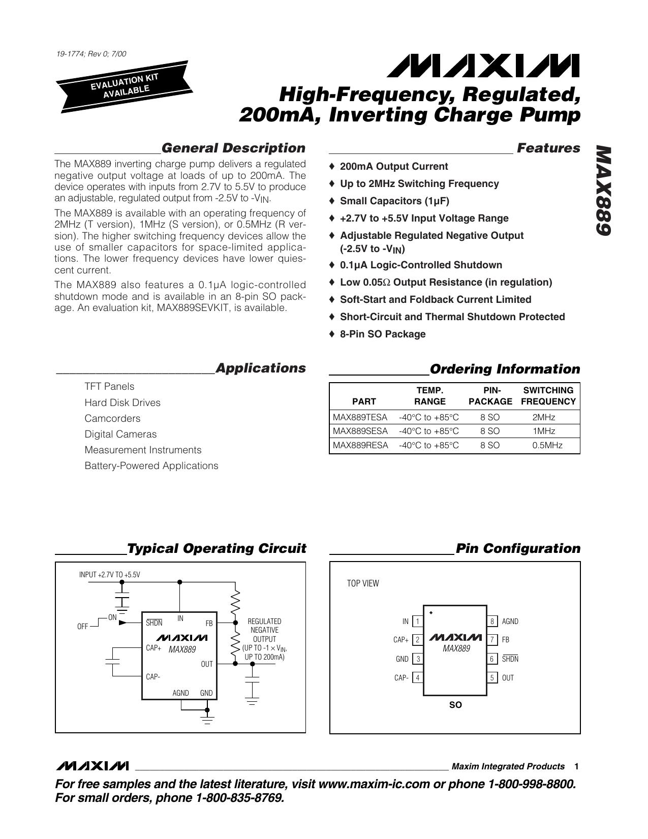 MAX889 Full Data Sheet (PDF) by Marcom