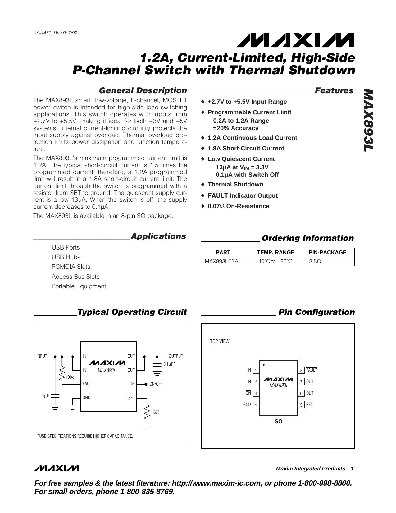 MAX893L Full Data Sheet (PDF) by Maxim