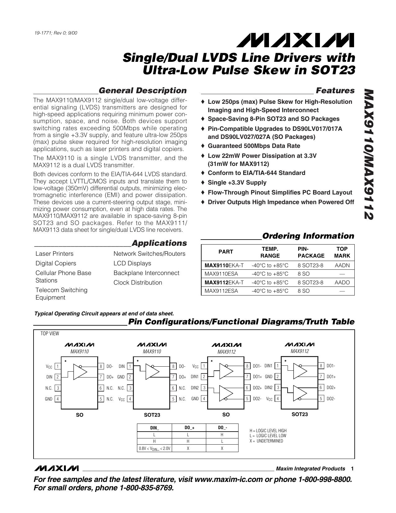 MAX9110 9112 Full Data Sheet (PDF) by Maxim