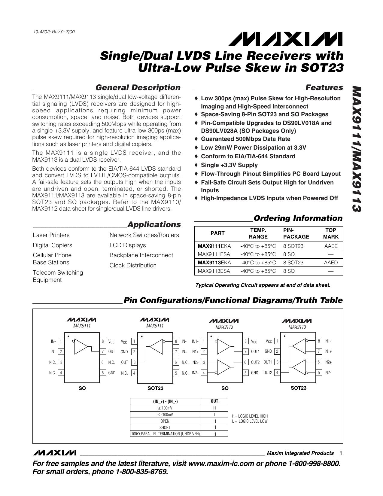 MAX9111 Full Data Sheet (PDF) by Maxim