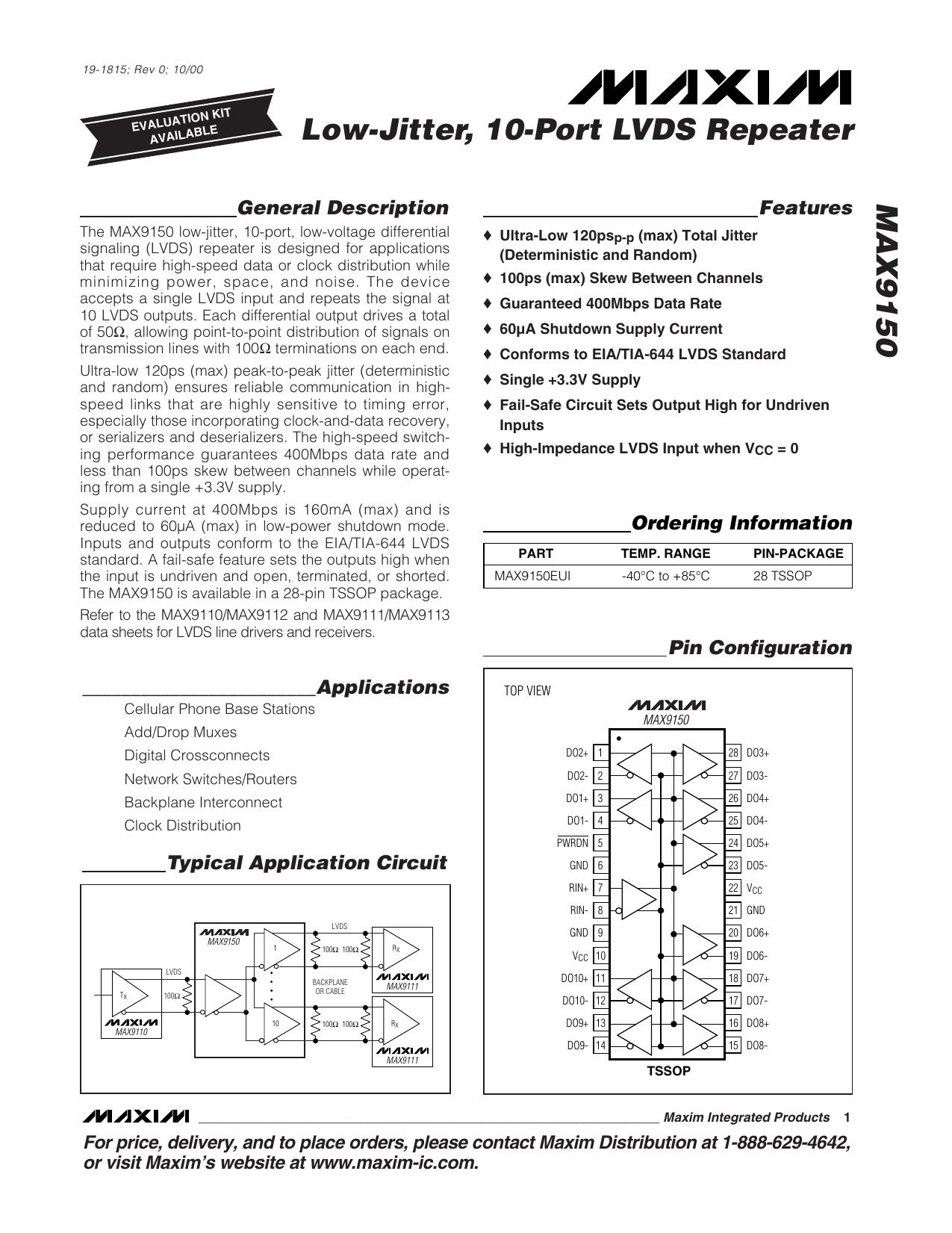 MAX9150 Full Data Sheet (PDF) by Maxim
