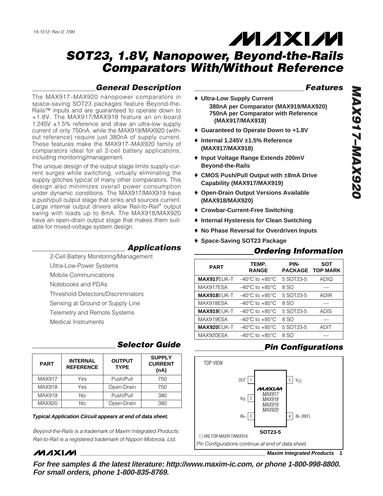 MAX917MAX918MAX919MAX920 Full Data Sheet (PDF) by Maxim