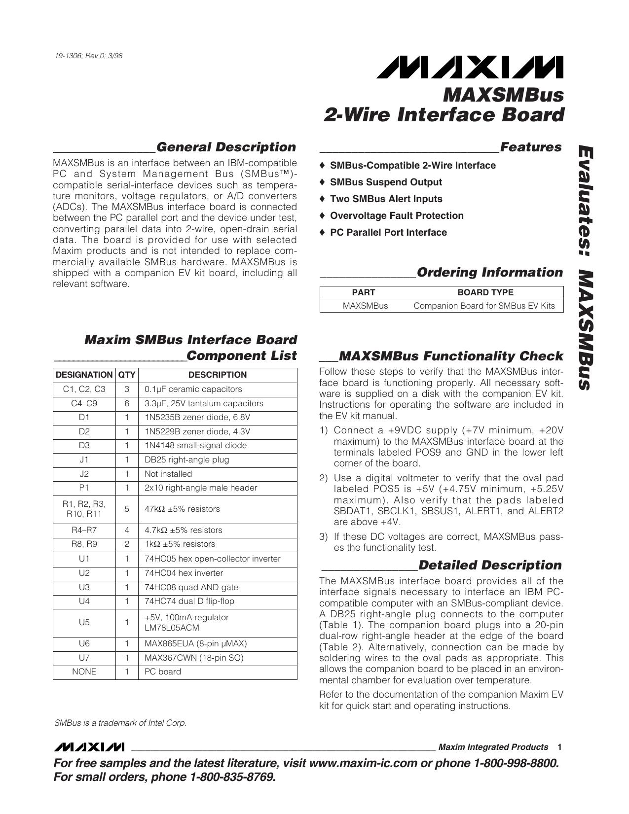MAXSMBUS EV Kit Full Data Sheet (PDF) by Maxim