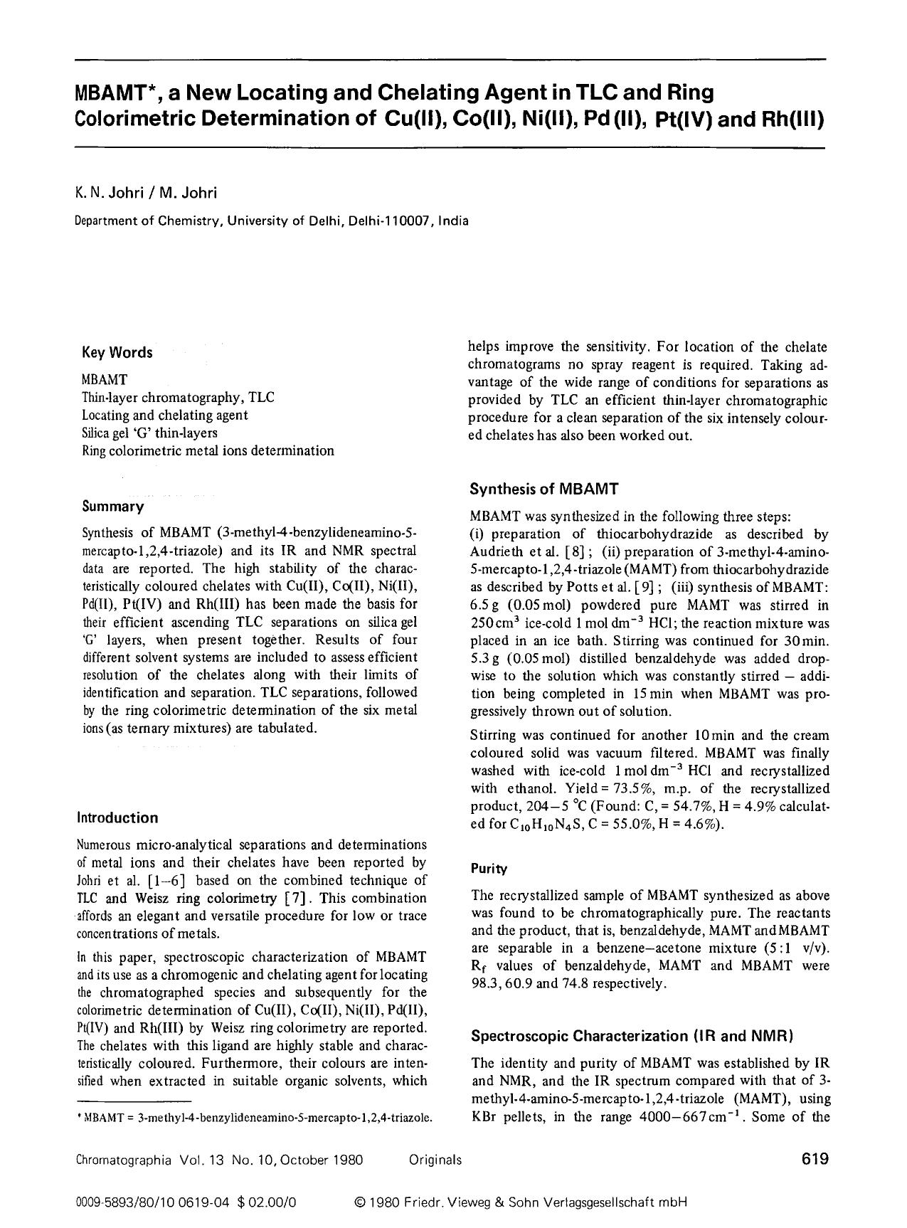 MBAMT, a new locating and chelating agen in TLC and ring colorimetric determination of Cu(II), Co(II), Ni(II), Pd(II), Pt(IV), and Rh(III) by Unknown