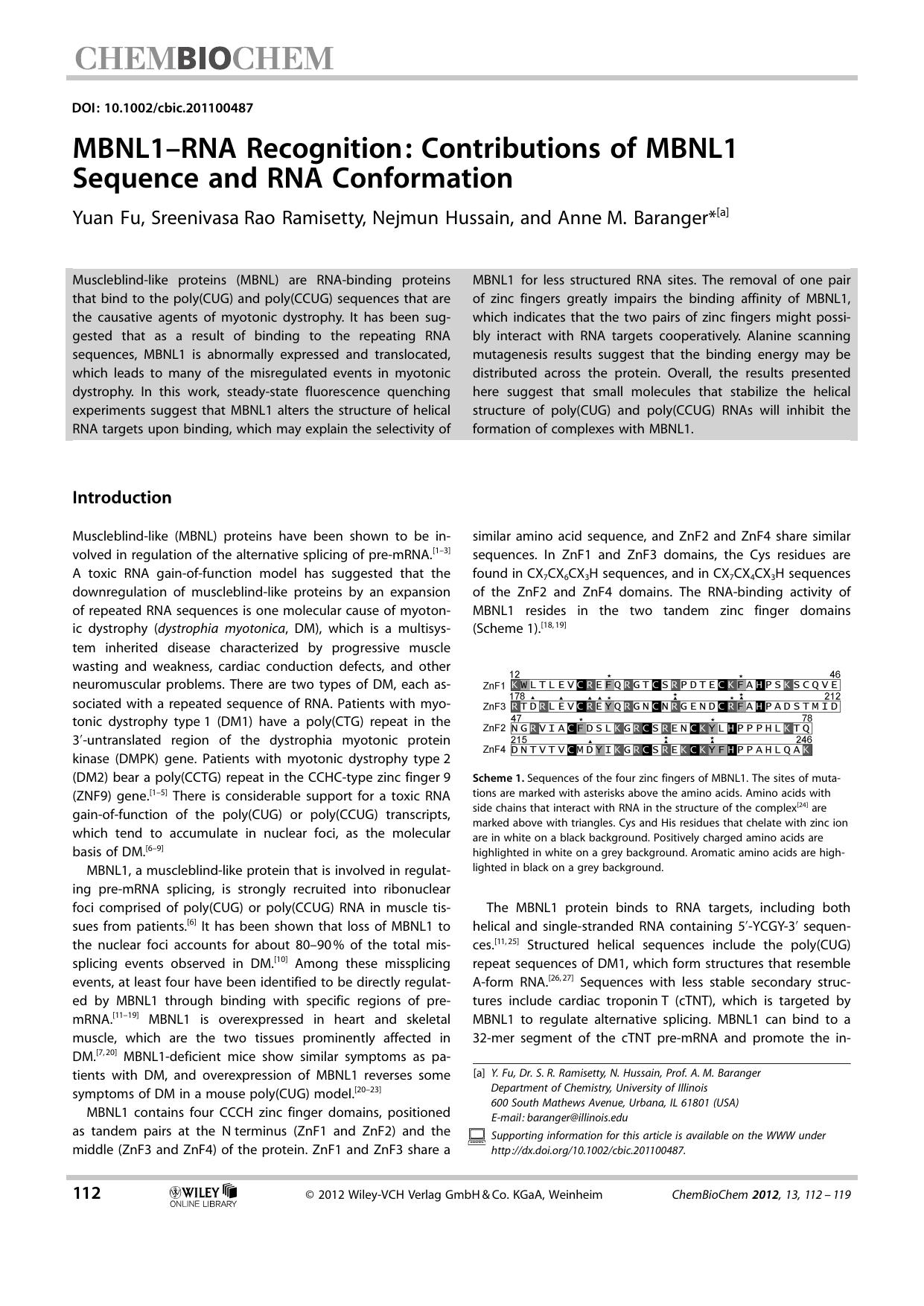 MBNL1RNA Recognition: Contributions of MBNL1 Sequence and RNA Conformation by Unknown