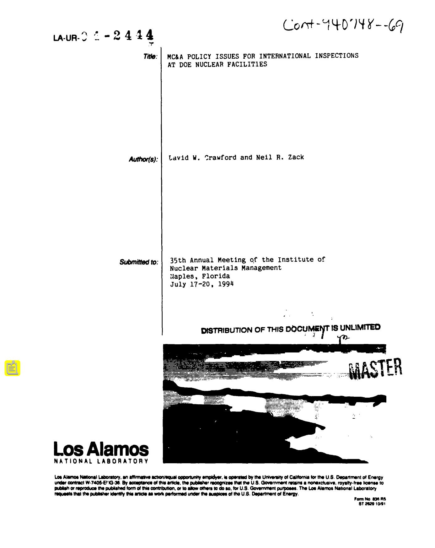 MC&A policy issues for international inspections at DOE nuclear facilites None by LANL Research Library LWW Project