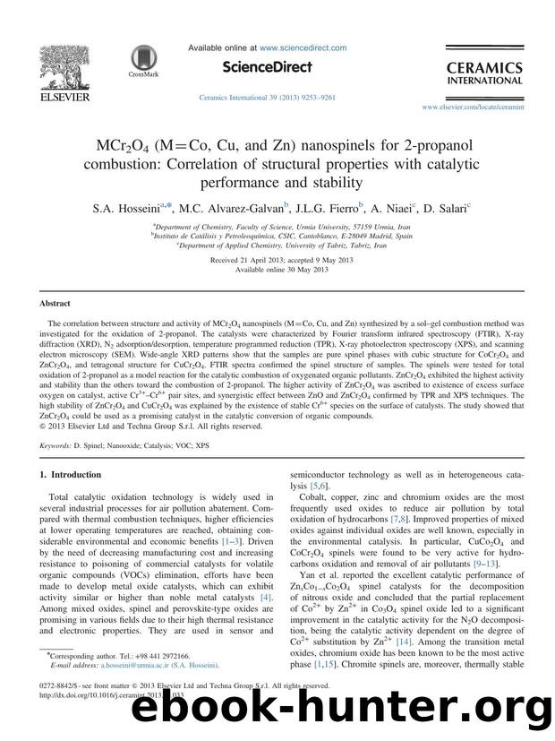 MCr2O4 (M=Co, Cu, and Zn) nanospinels for 2-propanol combustion_ Correlation of structural properties with catalytic performance and stability by S.A. Hosseini & M.C. Alvarez-Galvan & J.L.G. Fierro & A. Niaei & D. Salari