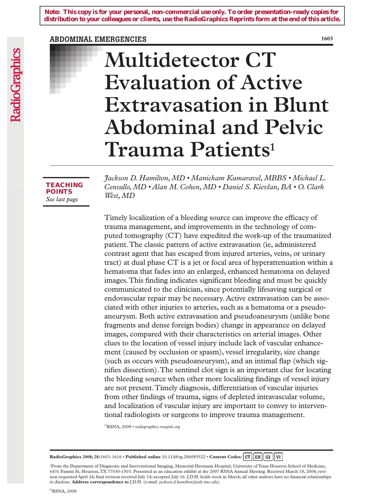 MDCT evaluation of active extravasation in blunt ab and pelvic trauma by Unknown