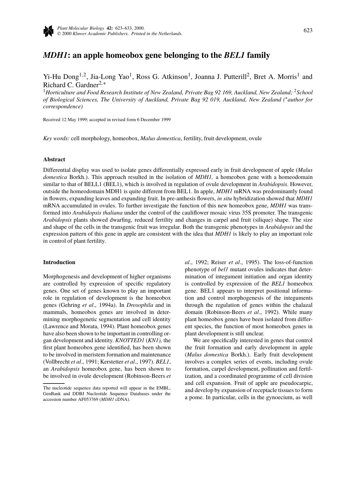 MDH1: an apple homeobox gene belonging to the BEL1 family by Unknown