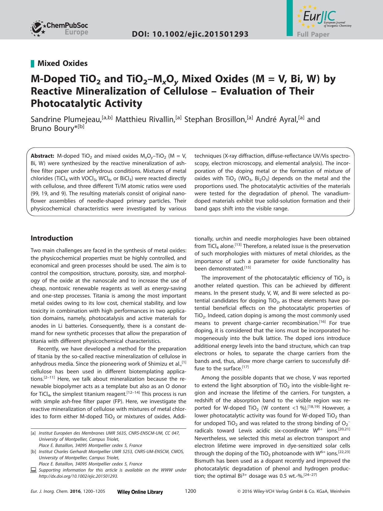 MDoped TiO2 and TiO2MxOy Mixed Oxides (M = V, Bi, W) by Reactive Mineralization of Cellulose Evaluation of Their Photocatalytic Activity by Unknown