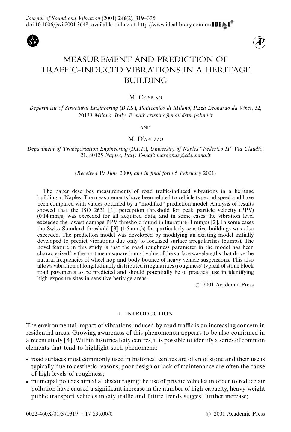 MEASUREMENT AND PREDICTION OF TRAFFIC-INDUCED VIBRATIONS IN A HERITAGE BUILDING by CRISPINO M. & D'APUZZO M