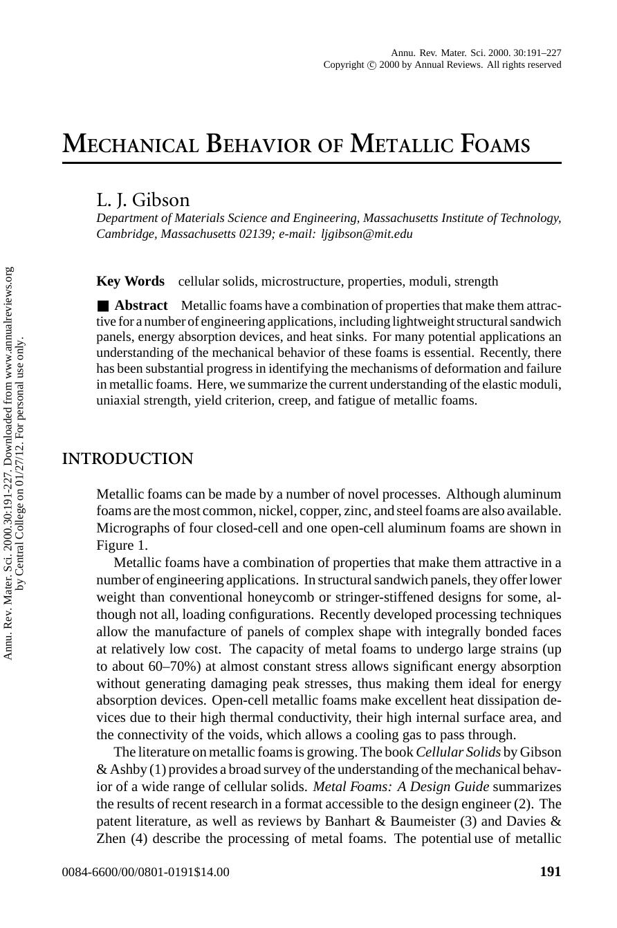 MECHANICAL BEHAVIOR OF METALLIC FOAMS by L. J. Gibson
