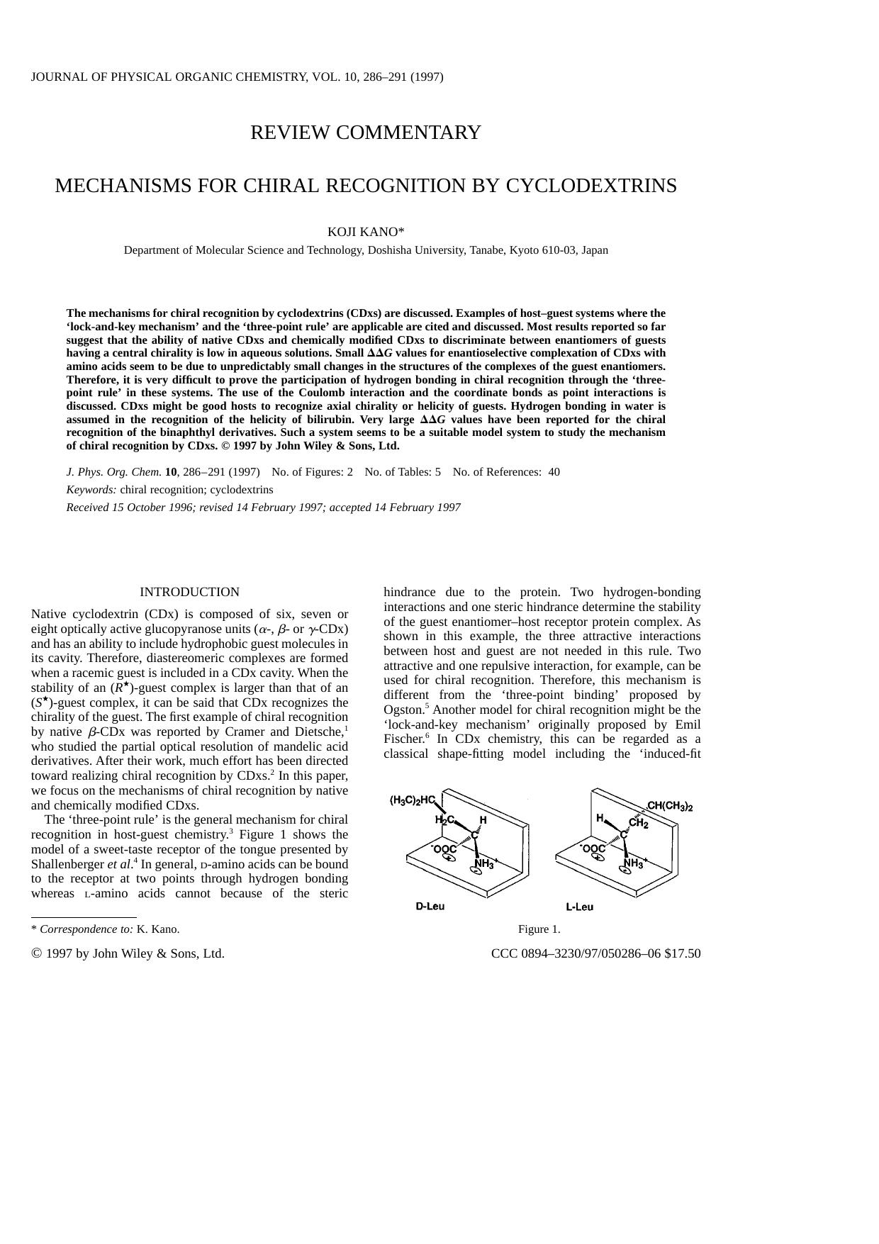 MECHANISMS FOR CHIRAL RECOGNITION BY CYCLODEXTRINS by Unknown