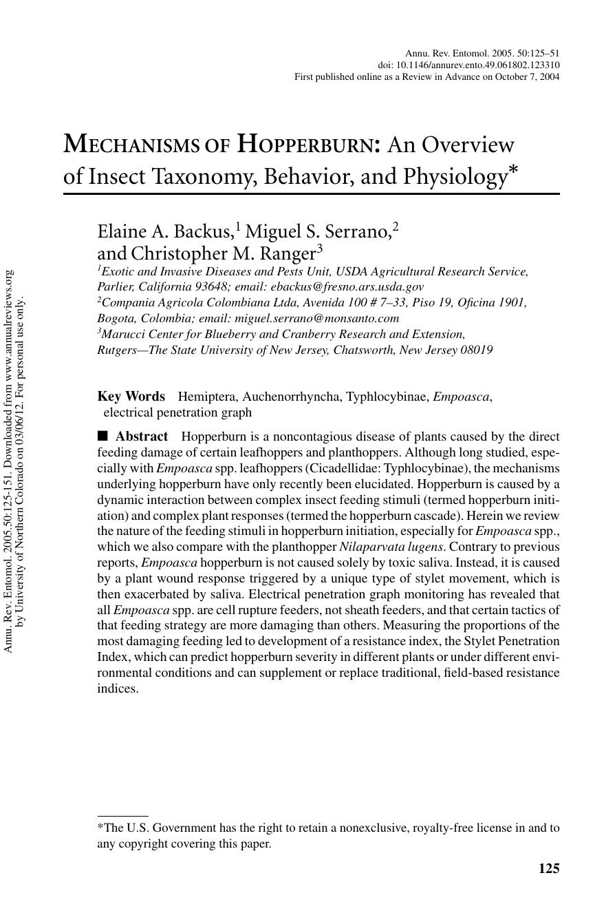 MECHANISMS OF HOPPERBURN: An Overview of Insect Taxonomy, Behavior, and Physiology* by Elaine A. Backus 1 Miguel S. Serrano 2 & Christopher M. Ranger3