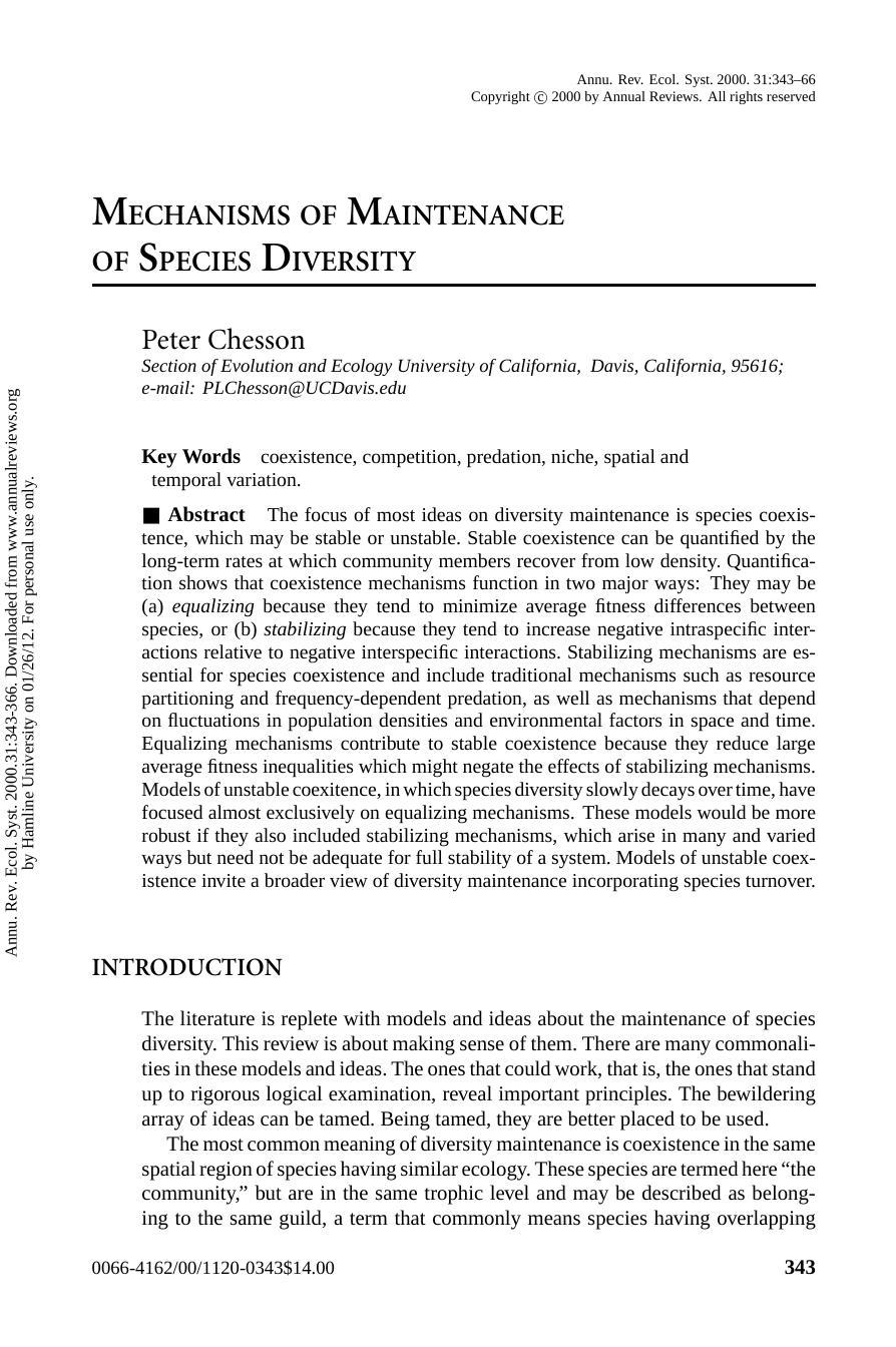 MECHANISMS OF MAINTENANCE OF SPECIES DIVERSITY by Peter Chesson