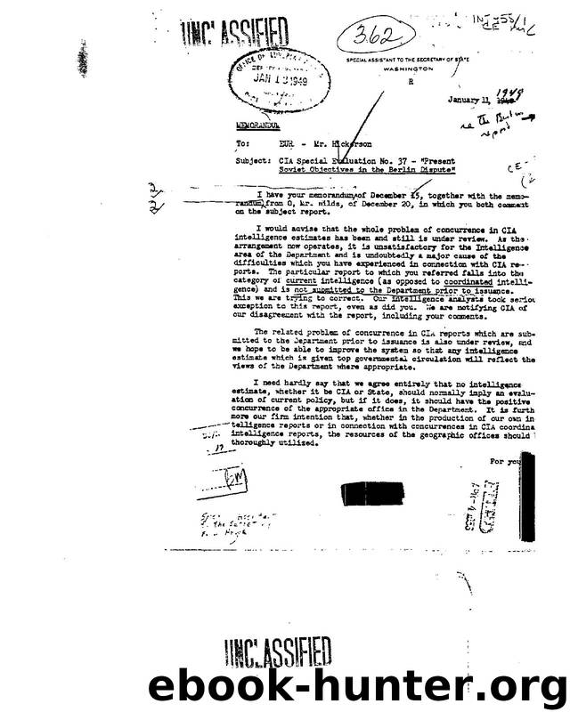 MEMO RE  CIA SPECIAL EVALUATION NO. 37 by PRESENT SOVIET OBJECTIVES IN THE BERLIN DISPUTE 3deb