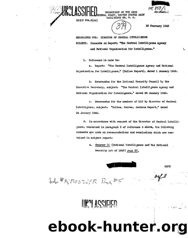 MEMO RE  COMMENTS ON REPORT  THE CENTRAL INTELLIGENCE AGENCY AND NATIONAL ORGANIZATION FOR INTELLIGENCE 3ddf by Unknown