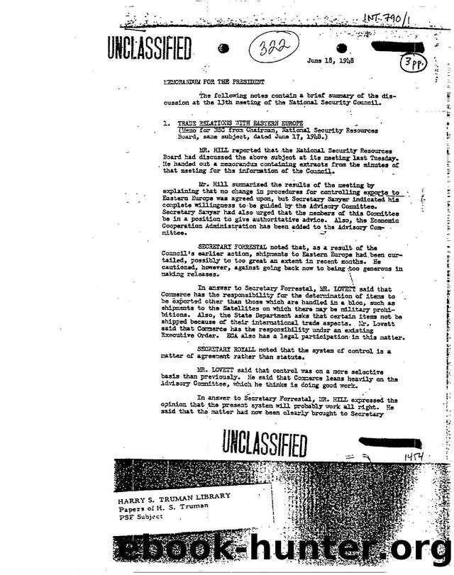 MEMO RE  THE FOLLOWING NOTES CONTAINS A BREIF SUMMARY OF THE DISCUSSION AT THE 13TH MEETING OF THE NATIONAL SECURITY COUNCIL 3f1e by Unknown