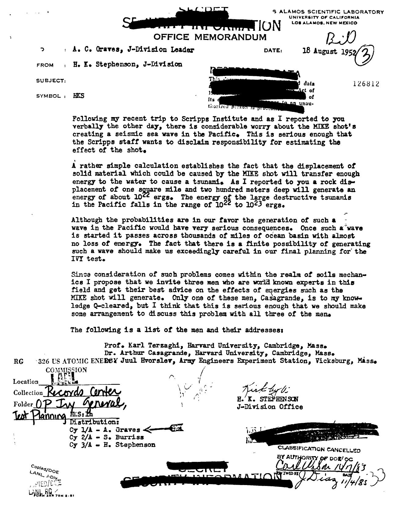 MEMO TO A C GRAVES, SUBJECT: SCRIPPS INSTITUTE TO DISCLAIM RESPONSIBILITY FOR ESTIMATING EFFECT OF MIKE EVENTS ( ROUTING SLIP ATTACHED ) by STEPHENSON H K GRAVES A C