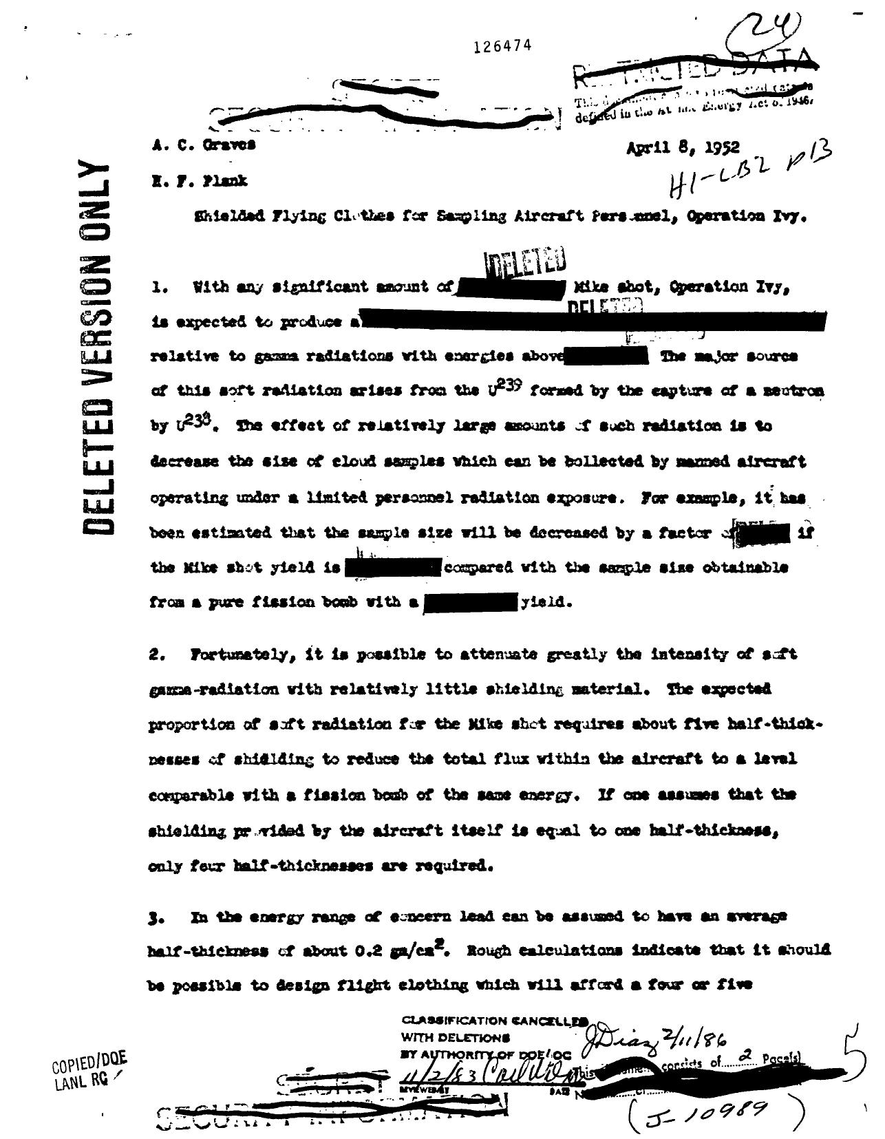 MEMO TO A C GRAVES, SUBJECT: SHIELDED FLYING CLOTHES FOR SAMPLING AIRCRAFT PERSONNEL, OPERATION IVY ( ROUTING SLIP ATTACHED ) (DELETED) by PLANK H F