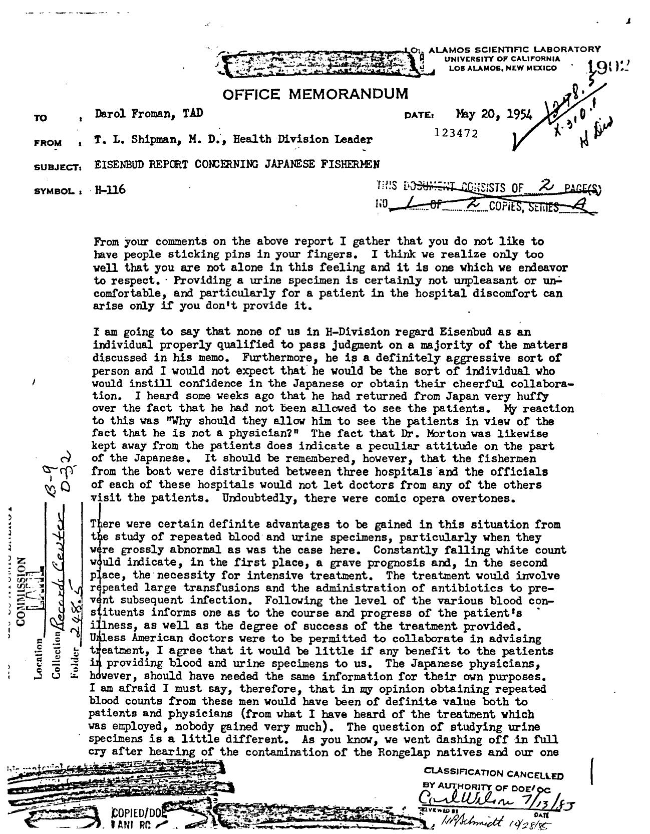 MEMO TO D FROMAN, SUBJECT: EISENBUD REPORT CONCERNING JAPANESE FISHERMEN by SHIPMAN T L