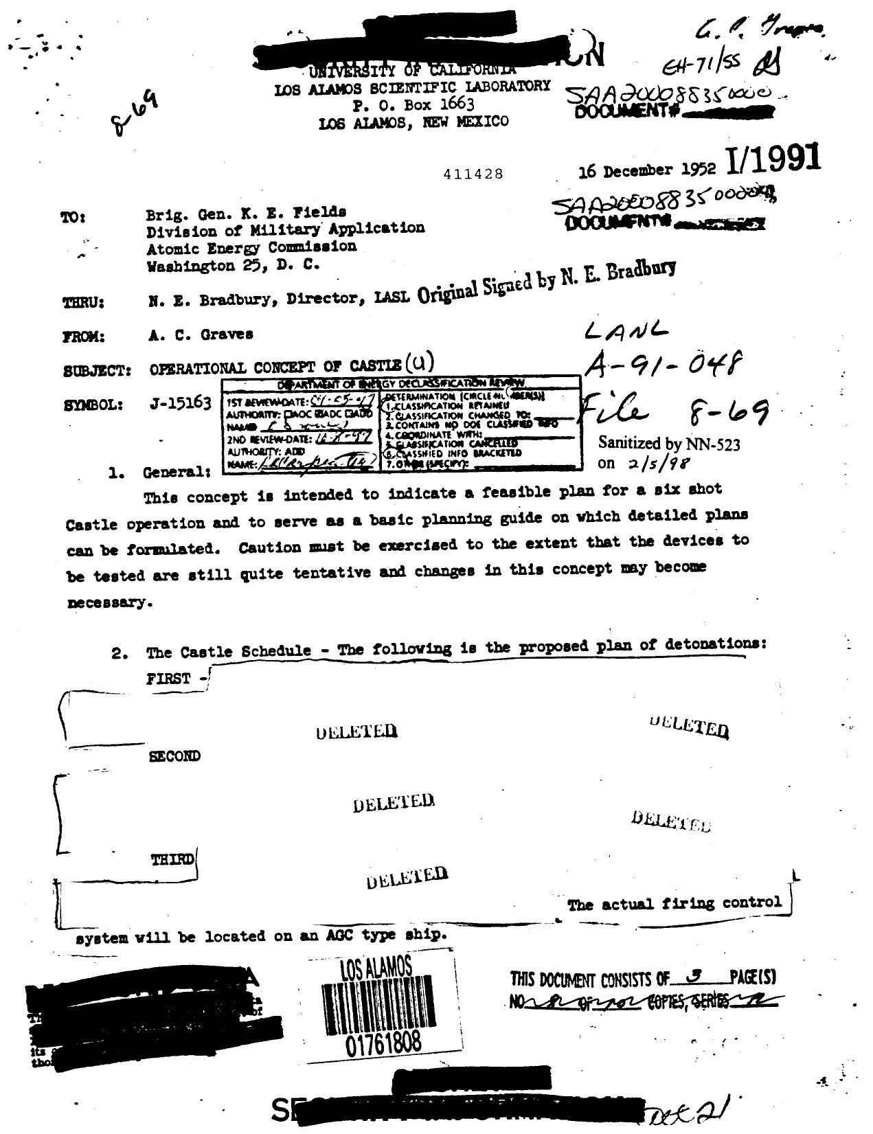 MEMO TO K E FIELDS, ET AL, SUBJECT: OPERATIONAL CONCEPT OF CASTLE (DELETED) by GRAVES A C