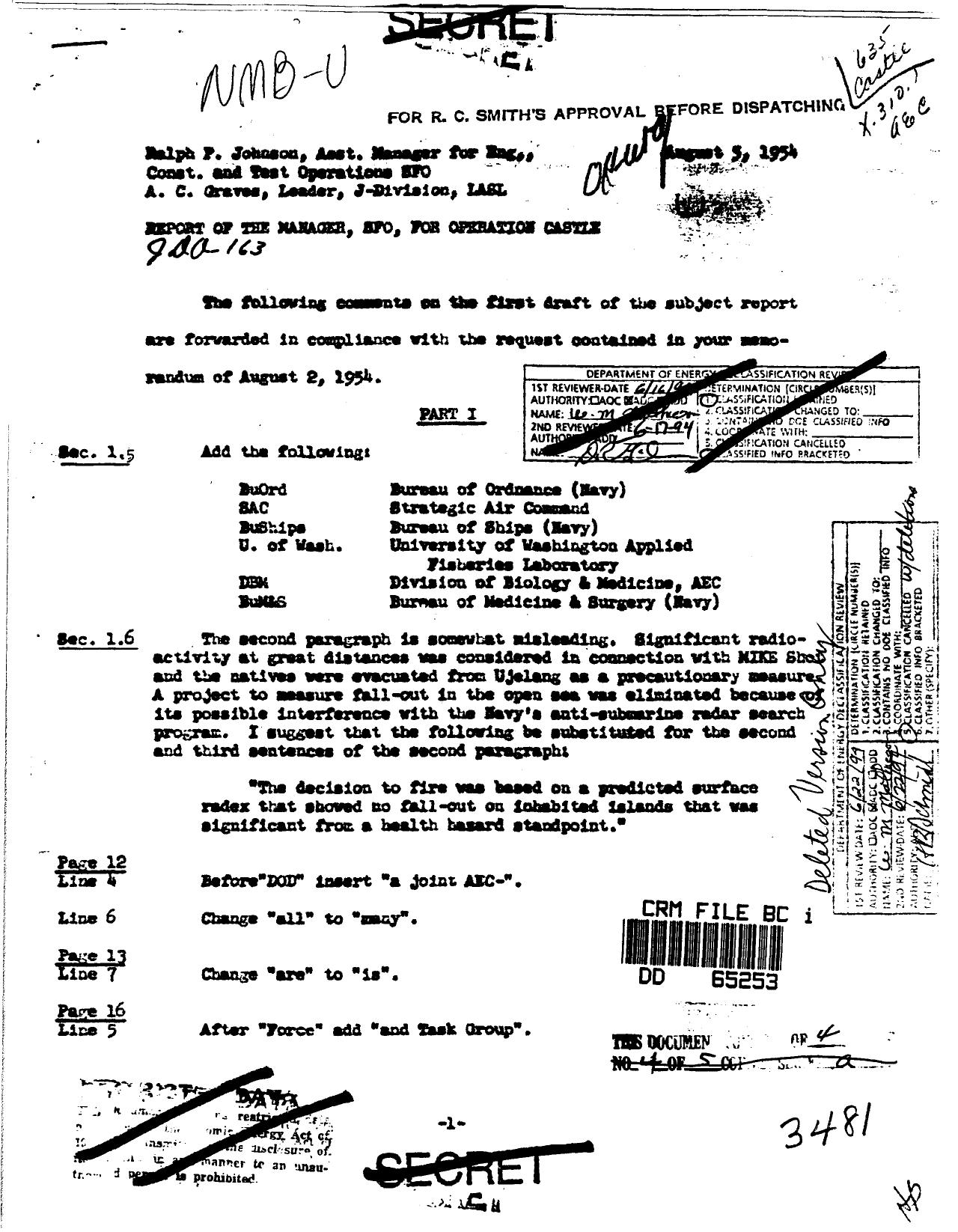 MEMO TO R P JOHNSON, SUBJECT: REPORT OF THE MANAGER, SFO, FOR OPERATION CASTLE by GRAVES A C