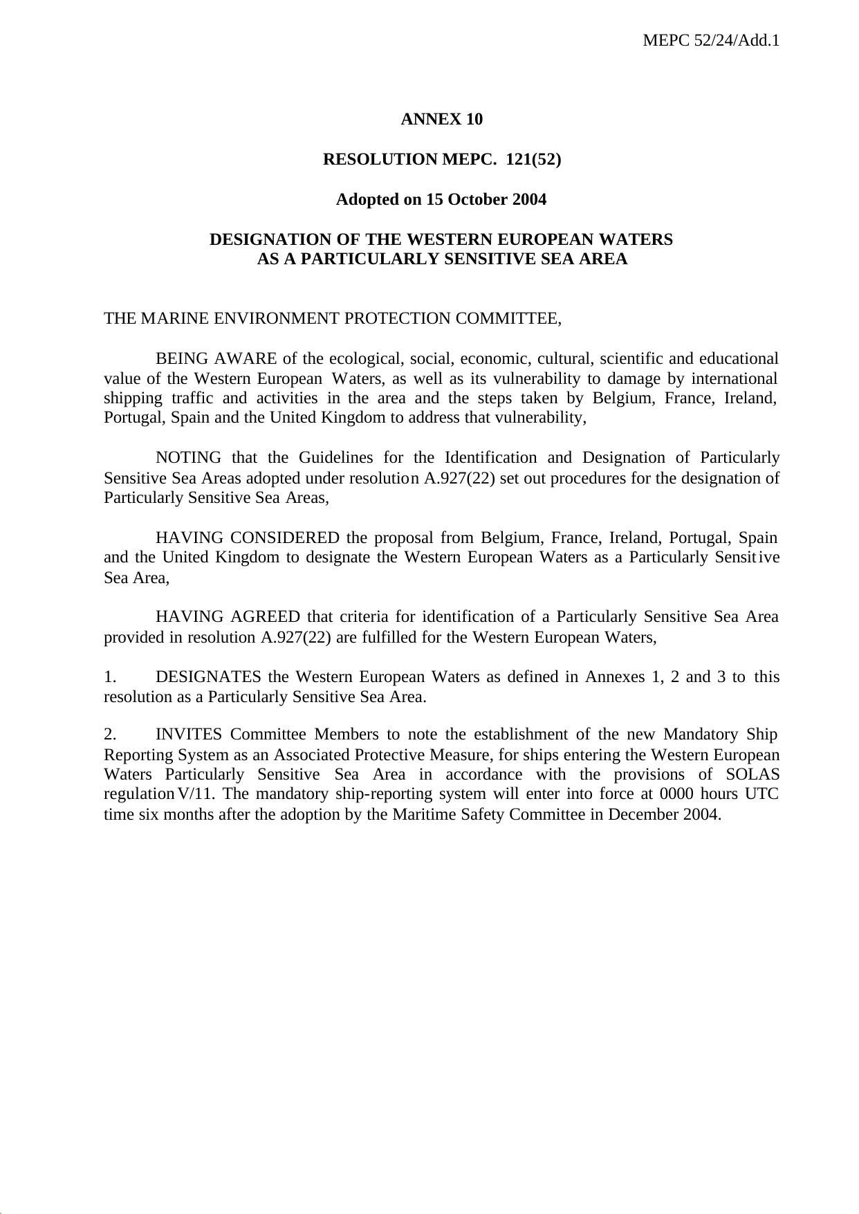 MEPC.121(52) - Designation of the Western European Waters as a Particularly Sensitive Sea Area (Revised by jross