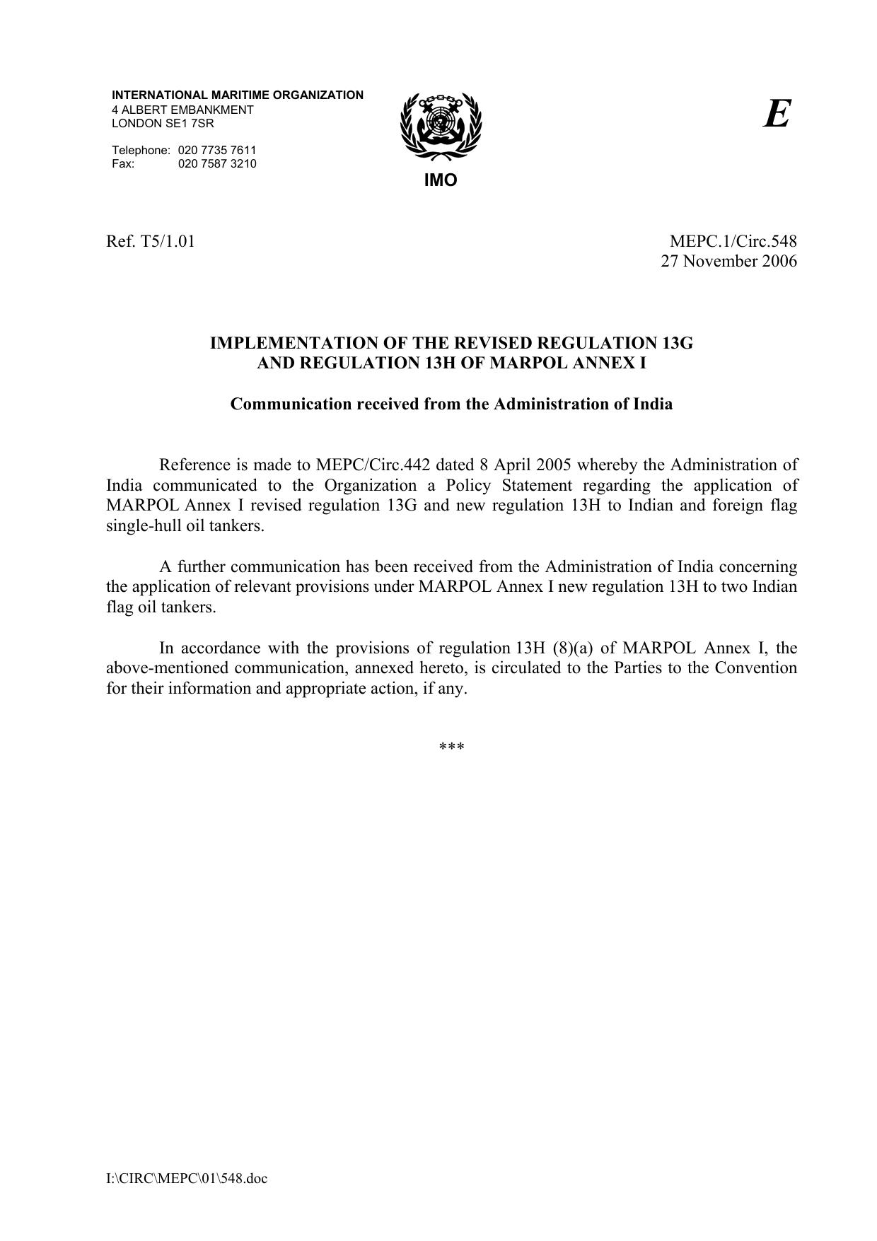 MEPC.1Circ.548 - Implementation of the Revised Regulation 13G and Regulation 13H of Marpol Annex I - Communication received from the Administration of India by Unknown