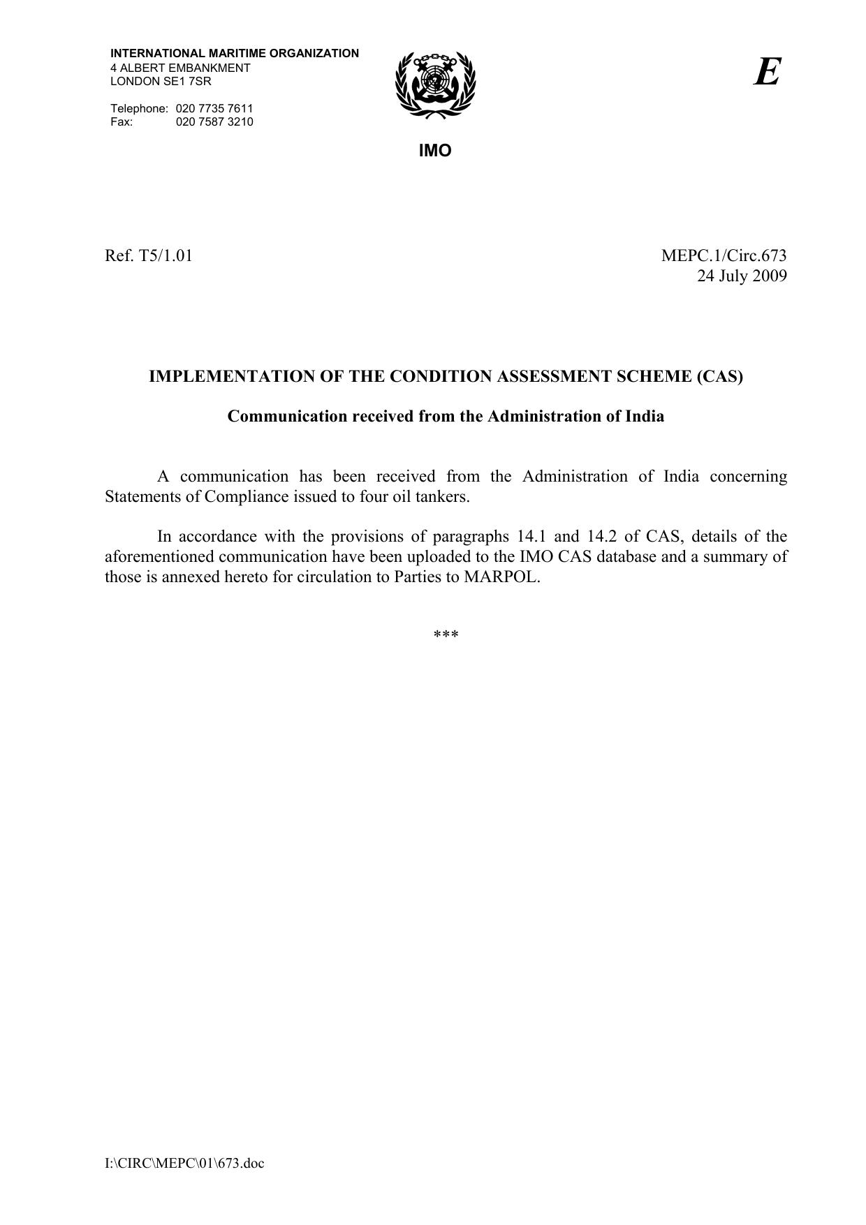 MEPC.1Circ.673 - Implementation of the Condition Assessment Scheme (CAS): Communication received from the Administration of India by R4S