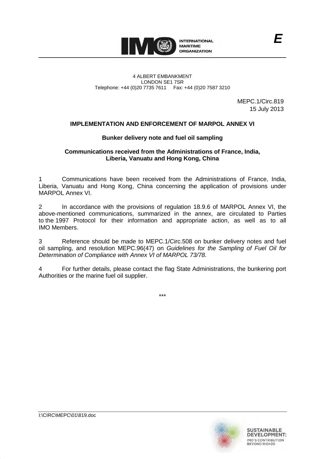 MEPC.1Circ.819 - Implementation and Enforcement of MARPOL Annex VI - Bunker delivery note and fuel oil sampling - Communications received from the Administrations of France, India, by Redistributed by Regs4ships Ltd