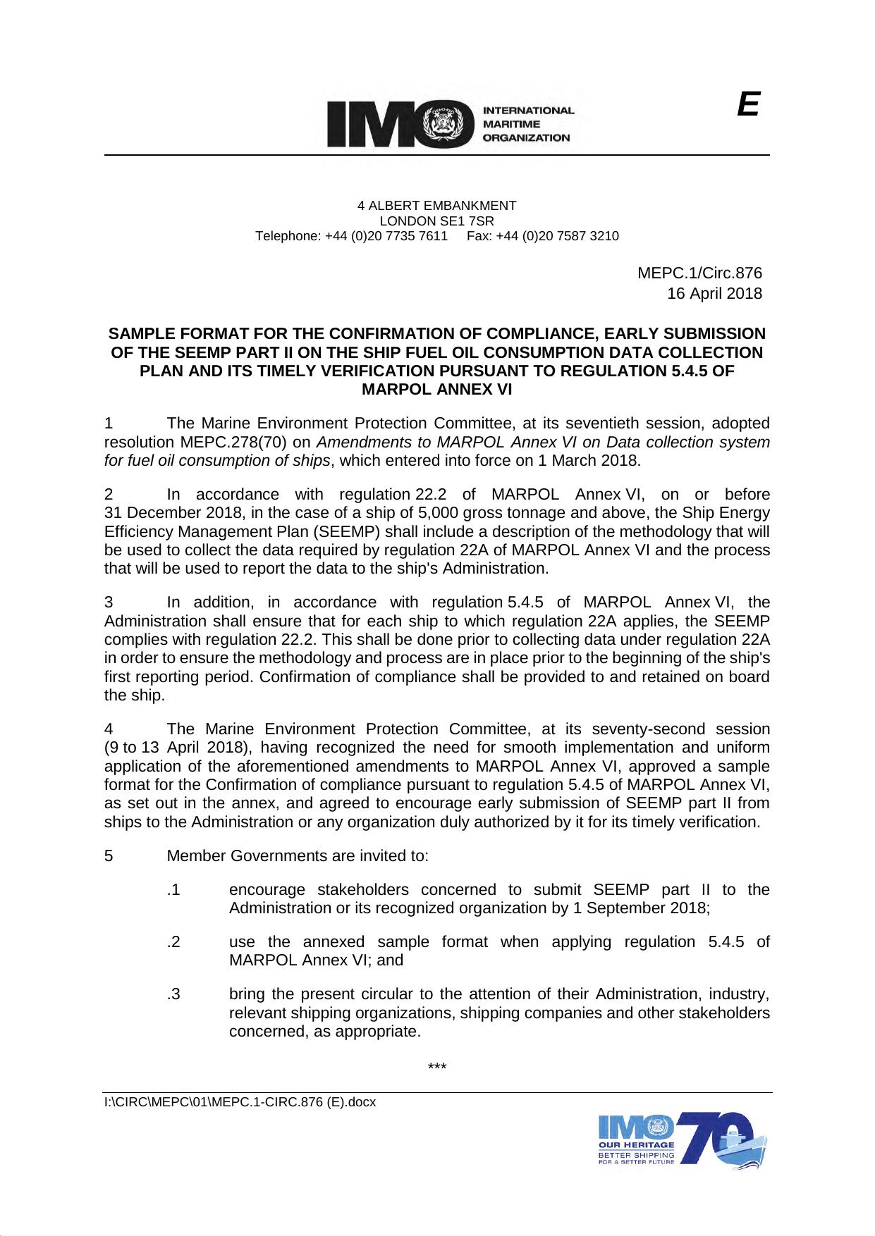MEPC.1Circ.875 - Sample Format for the Confirmation of Compliance, Early Submission of the SEEMP Part II on the Ship Fuel Oil Consumption Data Collection Plan and its Timely Verifi by Jesusa Whitehead