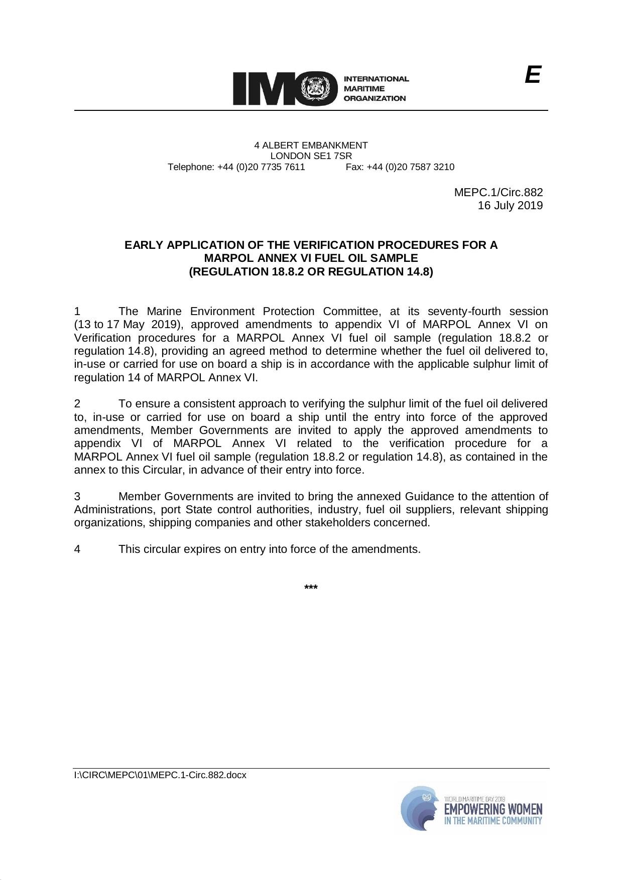 MEPC.1Circ.882 - Early Application of the Verification Procedures for a MARPOL Annex VI Fuel Oil Sample (Regulation 18.8.2 or Regulation 14.8) by Redistributed by Regs4ships Ltd