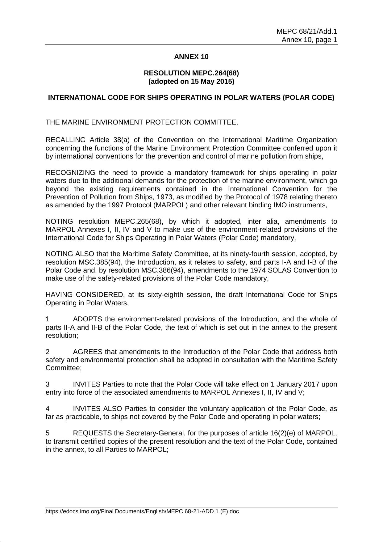 MEPC.264(68) - International Code for Ships Operating in Polar Waters by rlamin