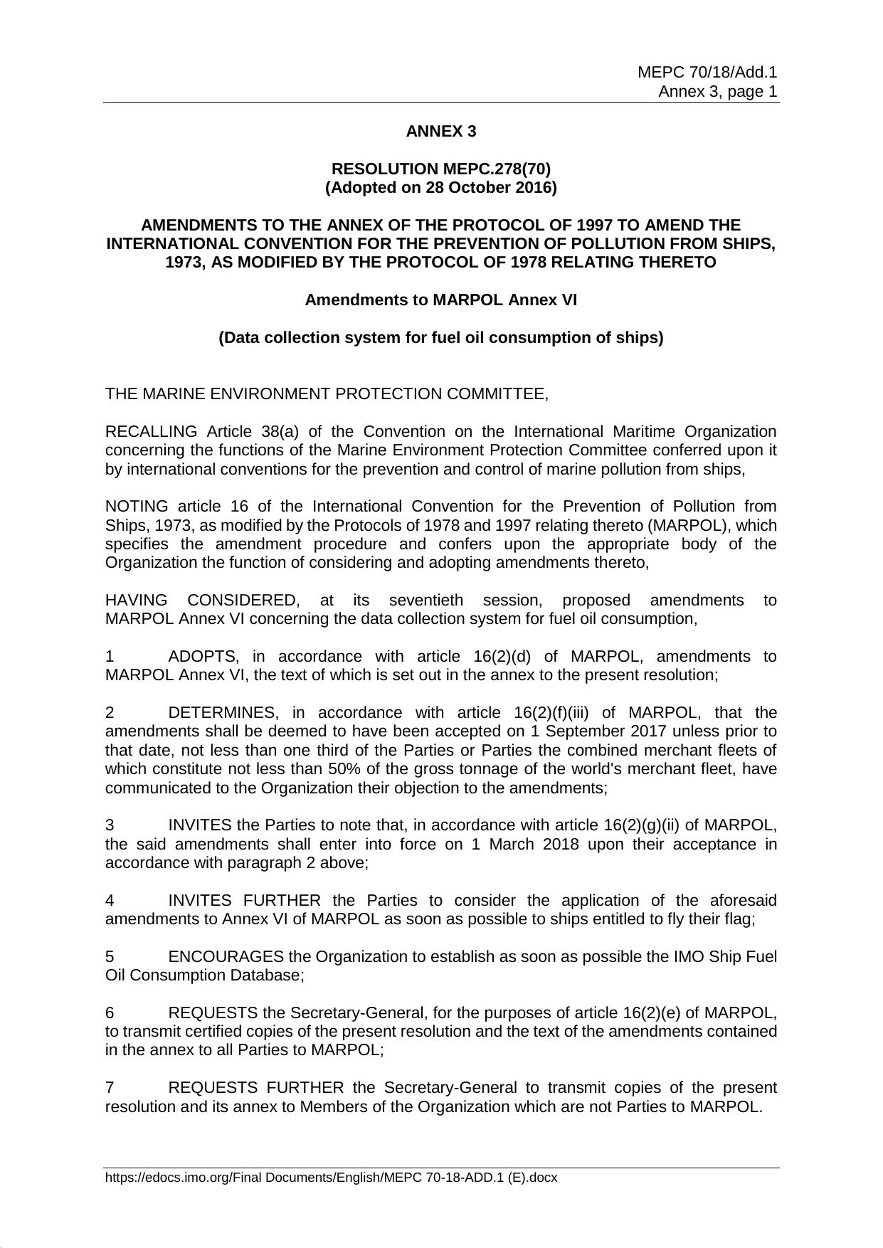 MEPC.278(70) - Amendments to MARPOL Annex VI (Data collection system for Fuel Oil Consumption of Ships) by IMO