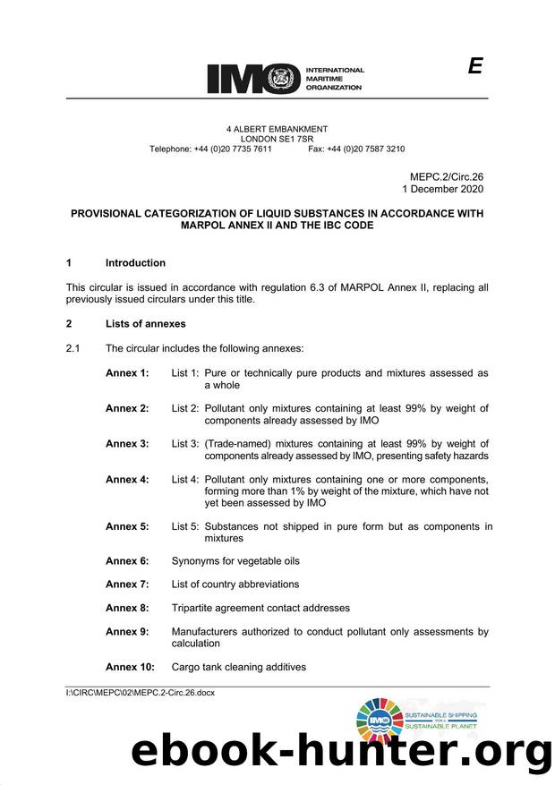 MEPC.2Circ.26 - Provisional Categorization of Liquid Substances in Accordance with MARPOL Annex II and the IBC Code by Redistributed by Regs4ships Ltd