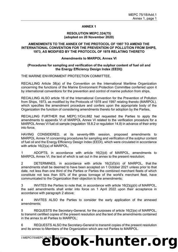 MEPC.324(75) - Amendments to MARPOL Annex VI (Procedures for Sampling and Verification of the Sulphur Content of Fuel Oil and the EEDI) by Redistributed by Regs4ships Ltd