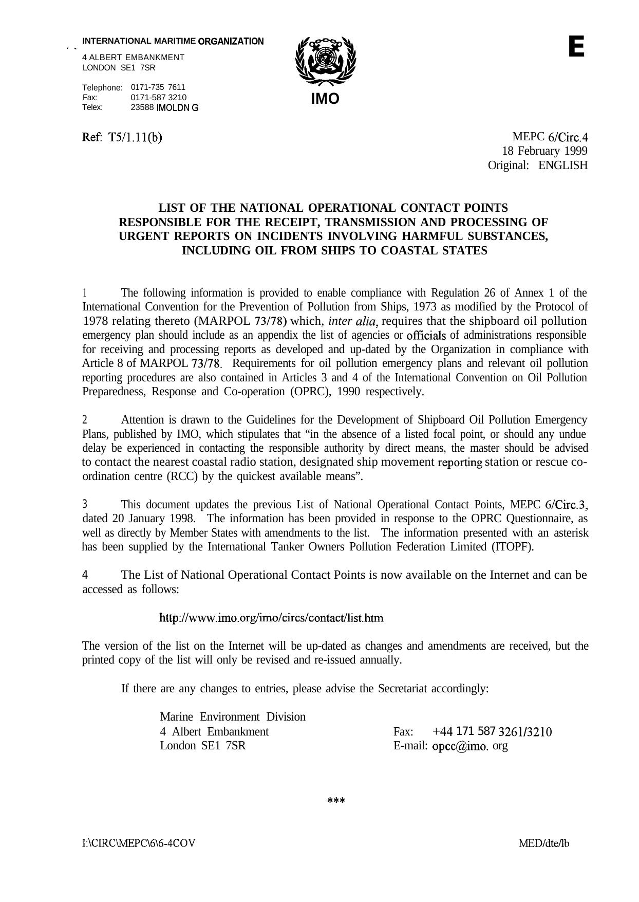 MEPC.6Circ.4 - List of the National Operational Contact Points Responsible for the Receipt, Transmission and Processing of Urgent Reports on Incidents Involving Harmful Substances, by R4S