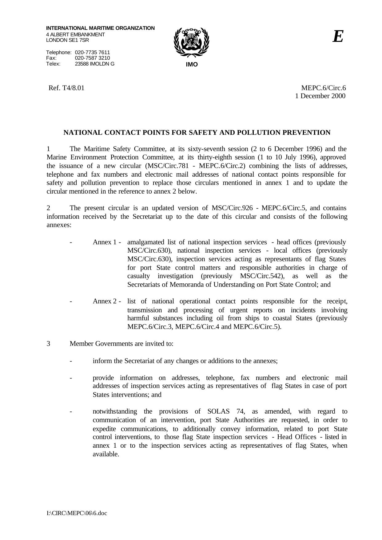 MEPC.6Circ.6 - National Contact Points for Safety and Pollution Prevention by R4S