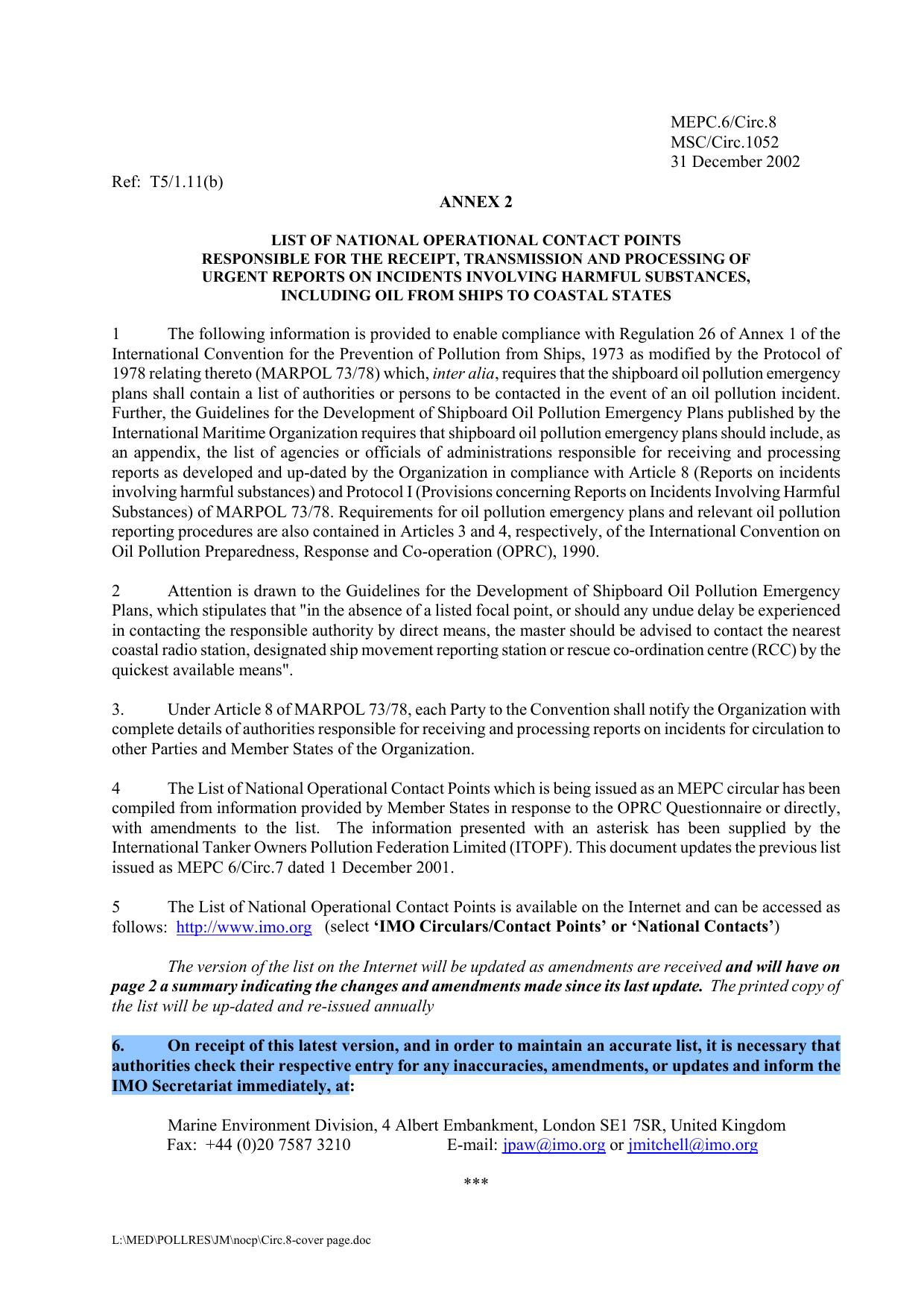 MEPC.6Circ.8 - National Contact Points for Safety and Pollution Prevention by R4S
