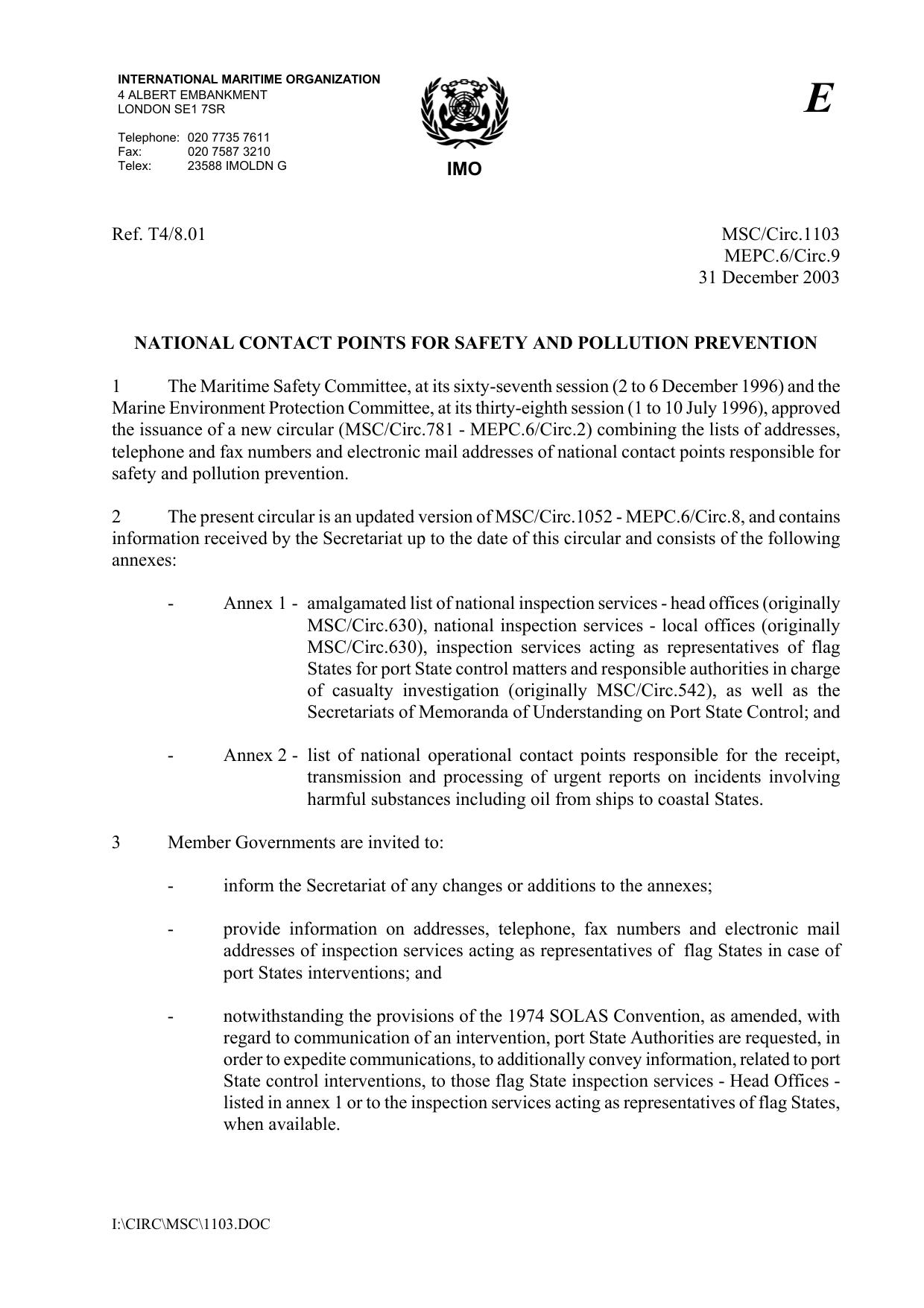 MEPC.6_Circ.9_MSCCirc.1103 - National Contact Points for Safety and Pollution Prevention by R4S