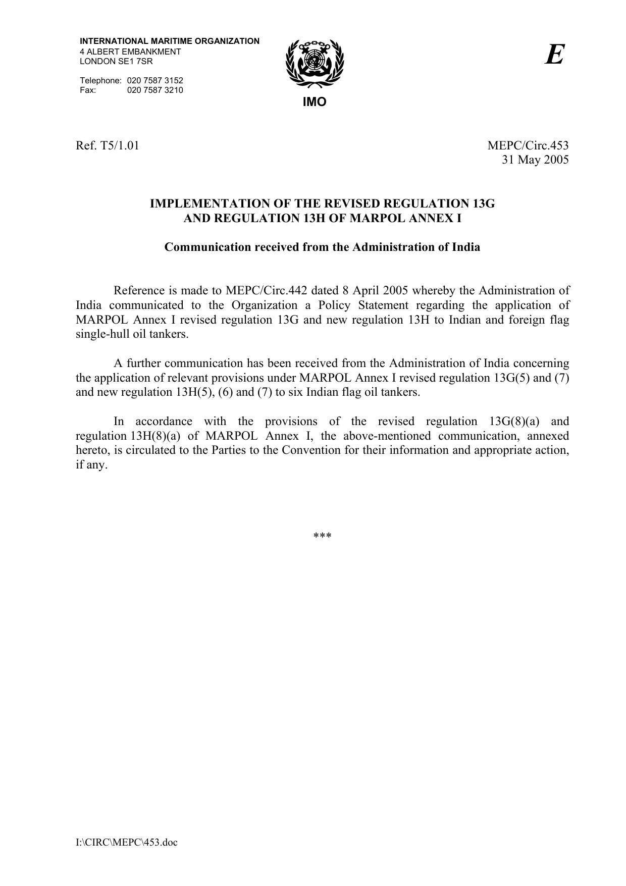 MEPCCirc.453 - Implementation of the Revised Regulation 13G and Regulation 13H of Marpol Annex I - Communication received from the Administration of India by Unknown