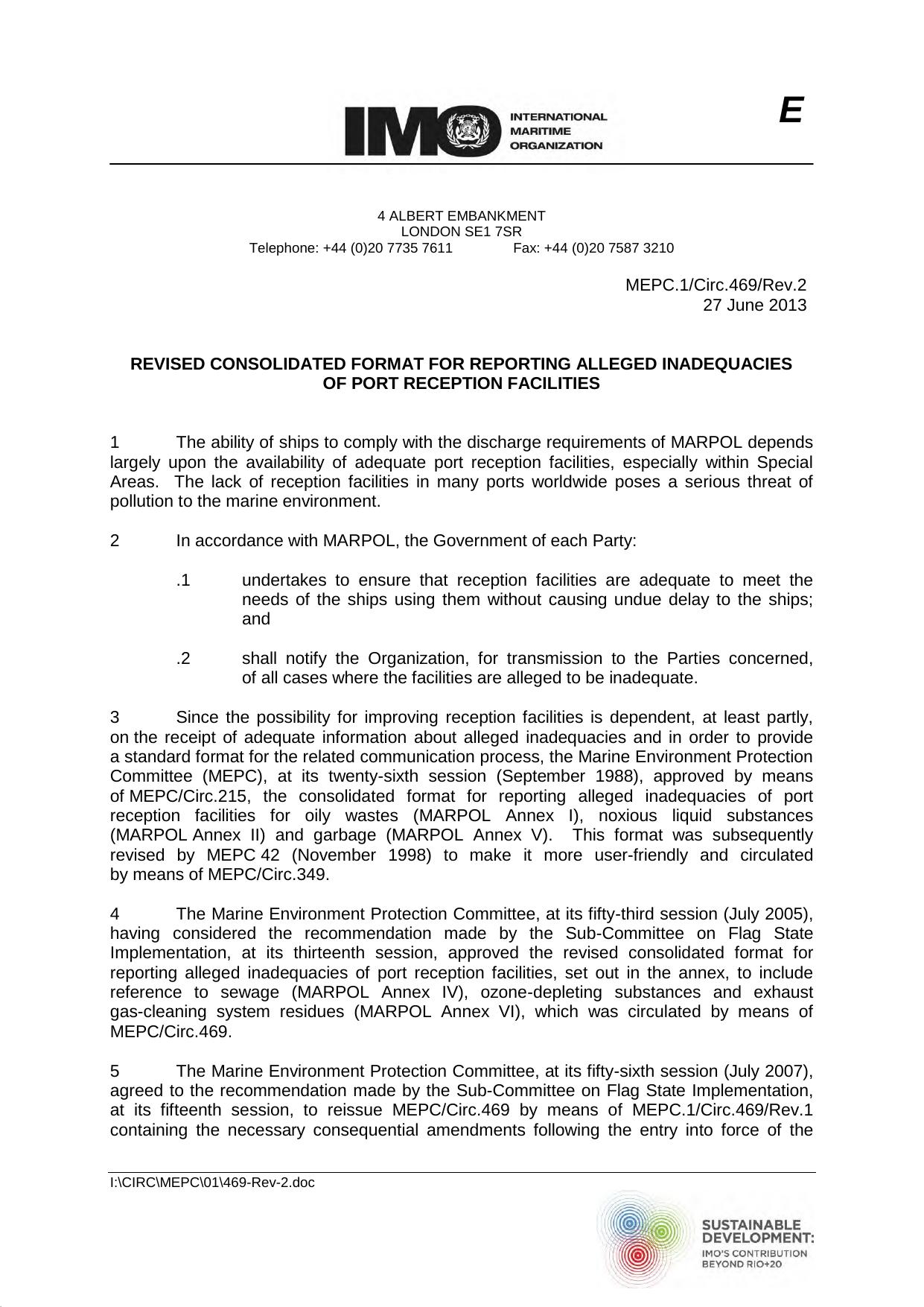 MEPCCirc.469Rev.2 - Revised Consolidated Format for Reporting Alleged Inadequacies of Port Reception Facilities by Redistributed by Regs4ships Ltd
