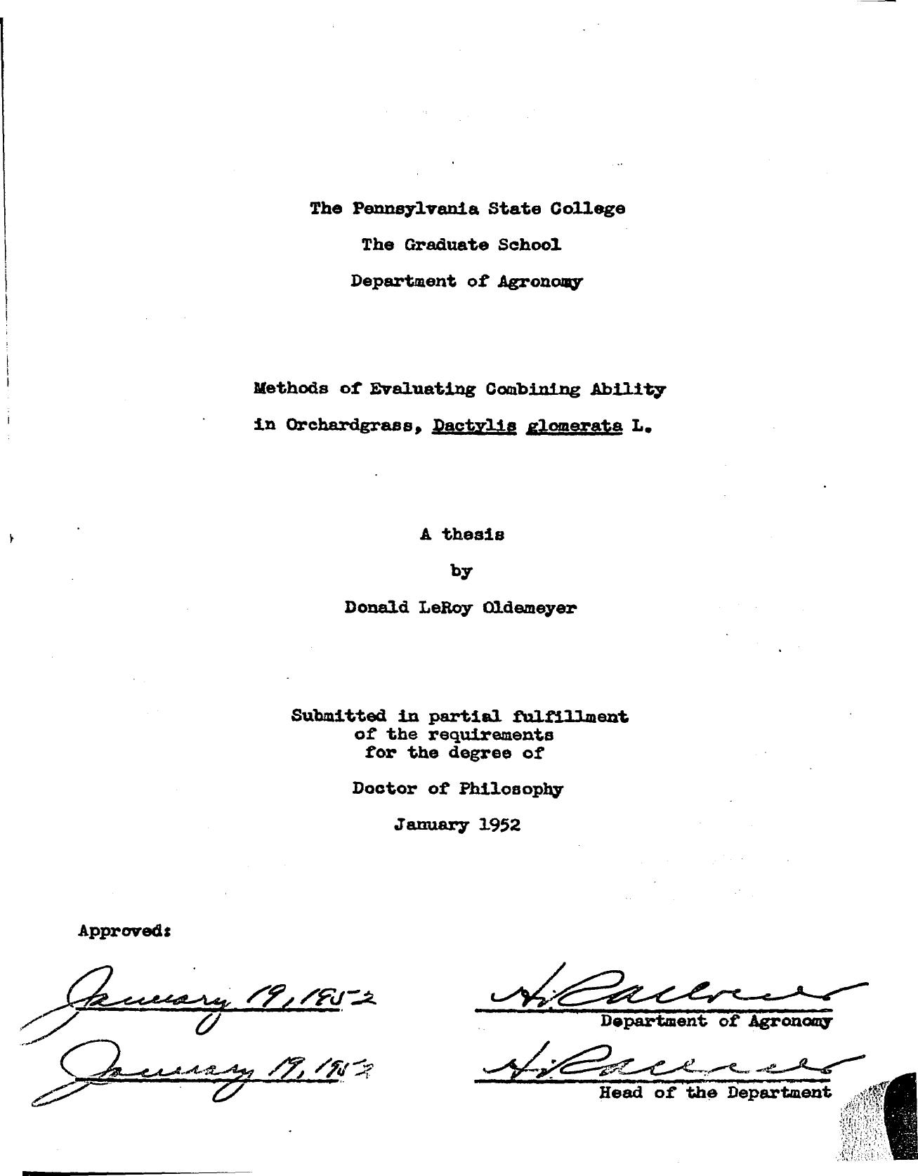METHODS OF EVALUATING COMBINING ABILITY IN ORCHARDGRASS, DACTYLIS GLOMERATA L. by OLDEMEYER DONALD L